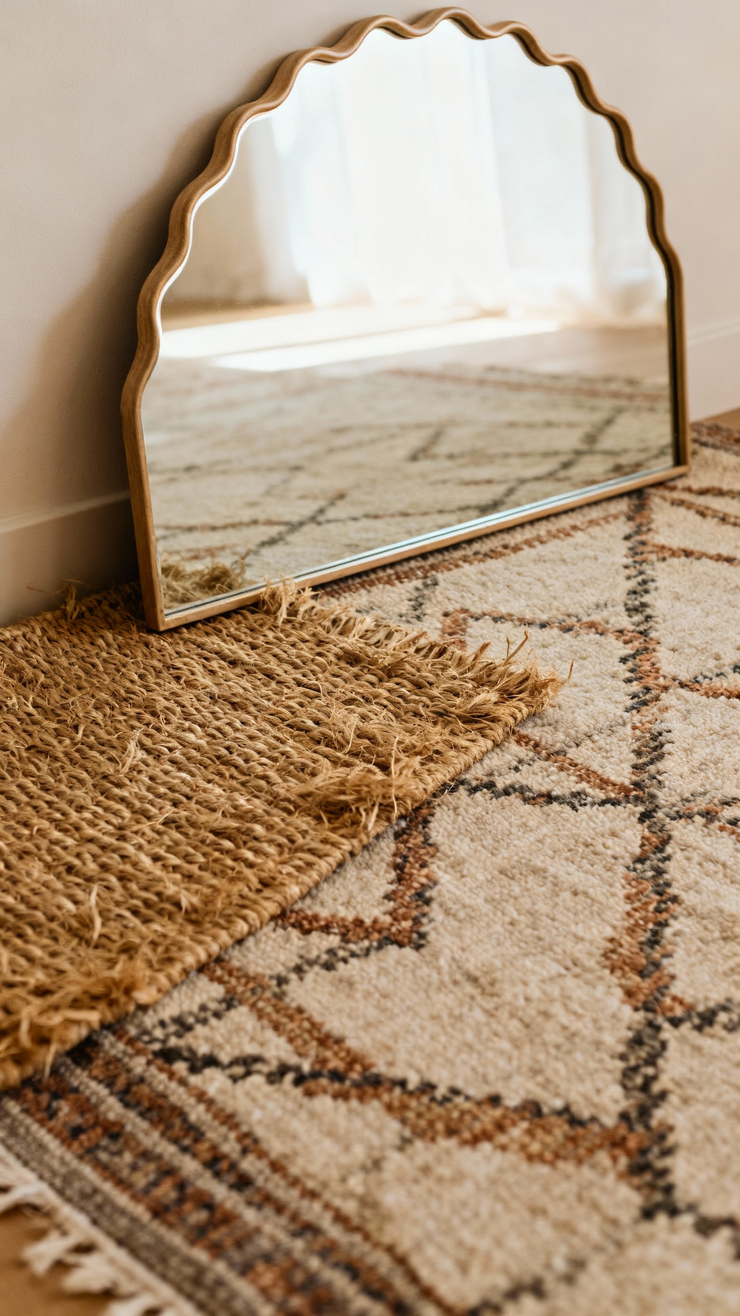 Wavy arched mirror above layered jute and patterned rug corner