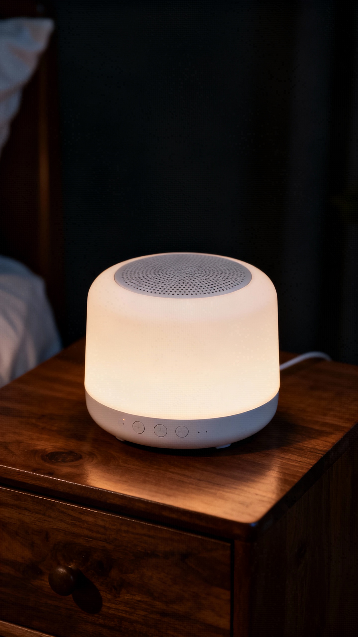 White noise machine on wooden nightstand, dark room, soft glow