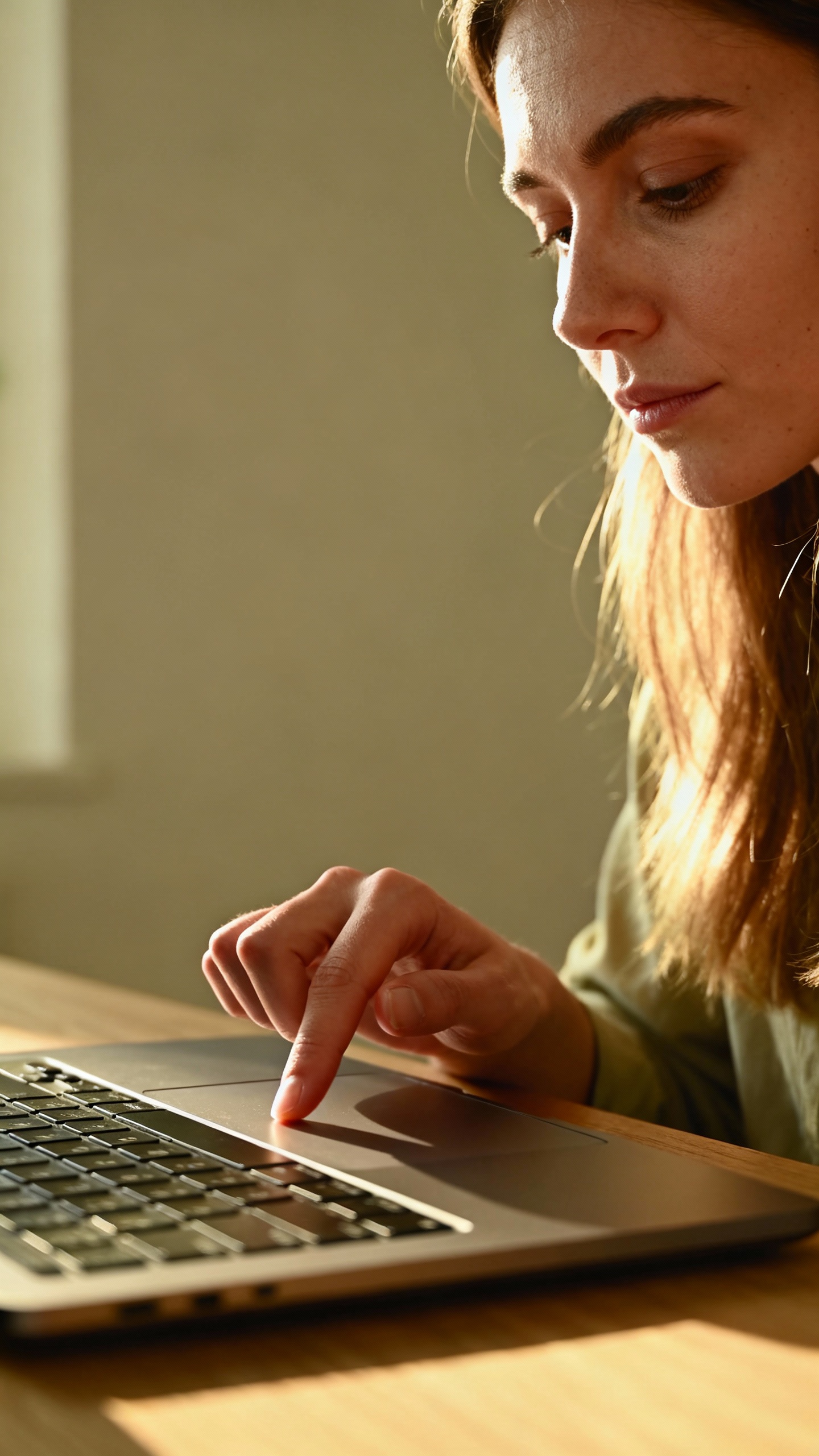 Woman pausing before email send, finger hovering laptop trackpad, calm breath