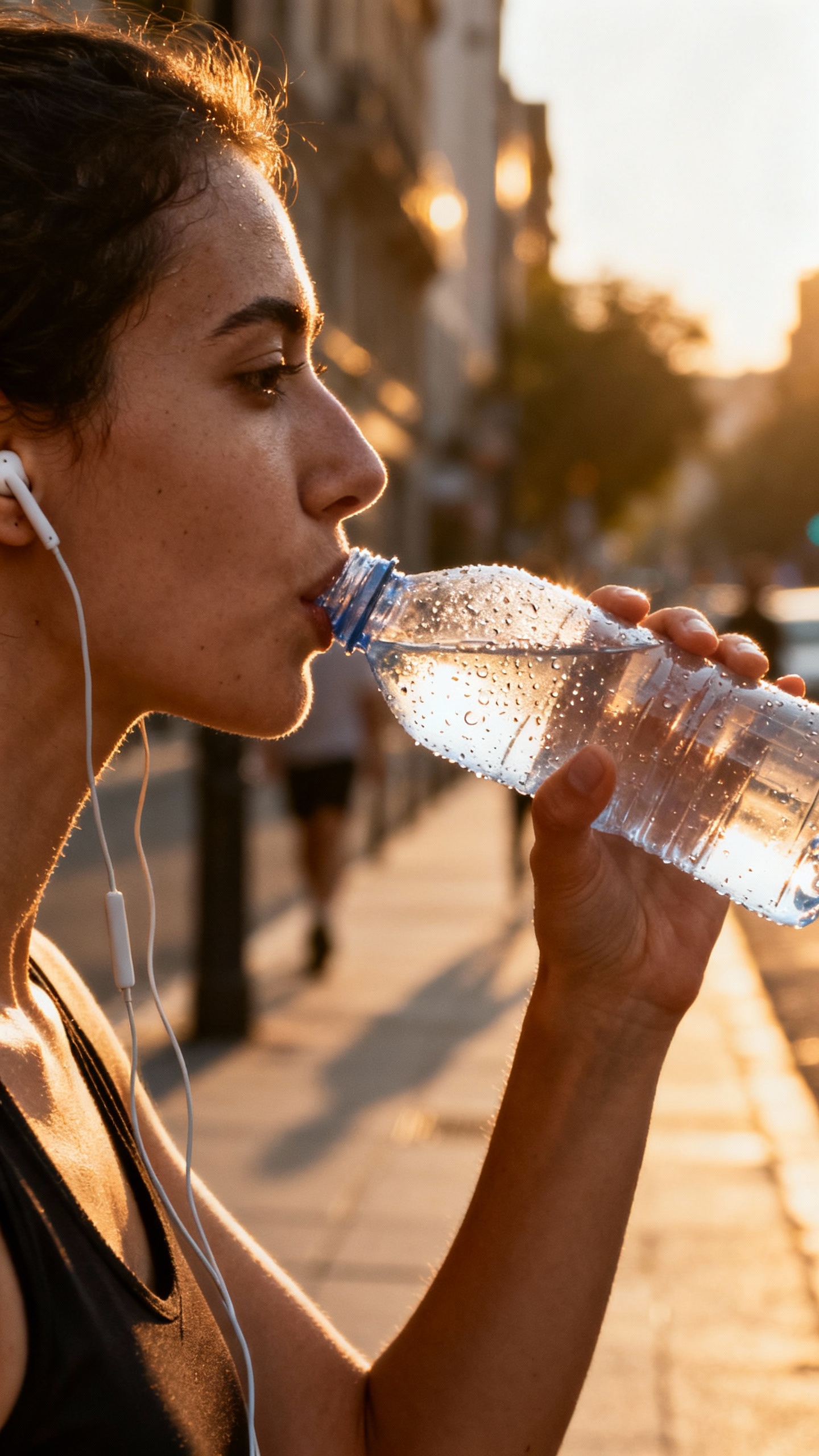 Woman sipping water mid-walk, earbuds in, city sidewalk, sunlit closeup of condensation on bottle