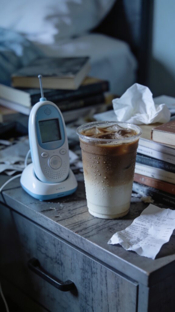 Cold coffee beside baby monitor on messy nightstand