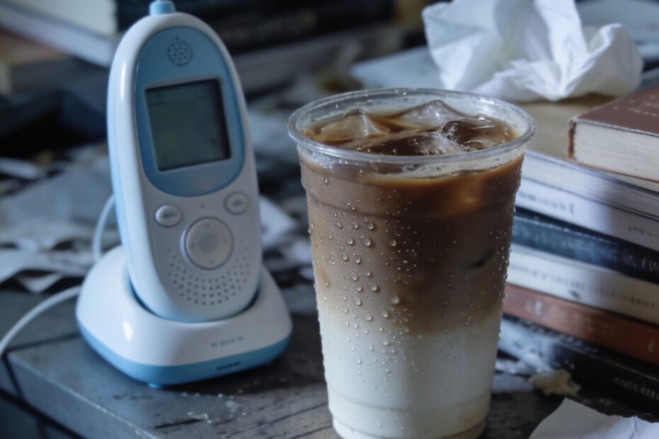 Cold coffee beside baby monitor on messy nightstand