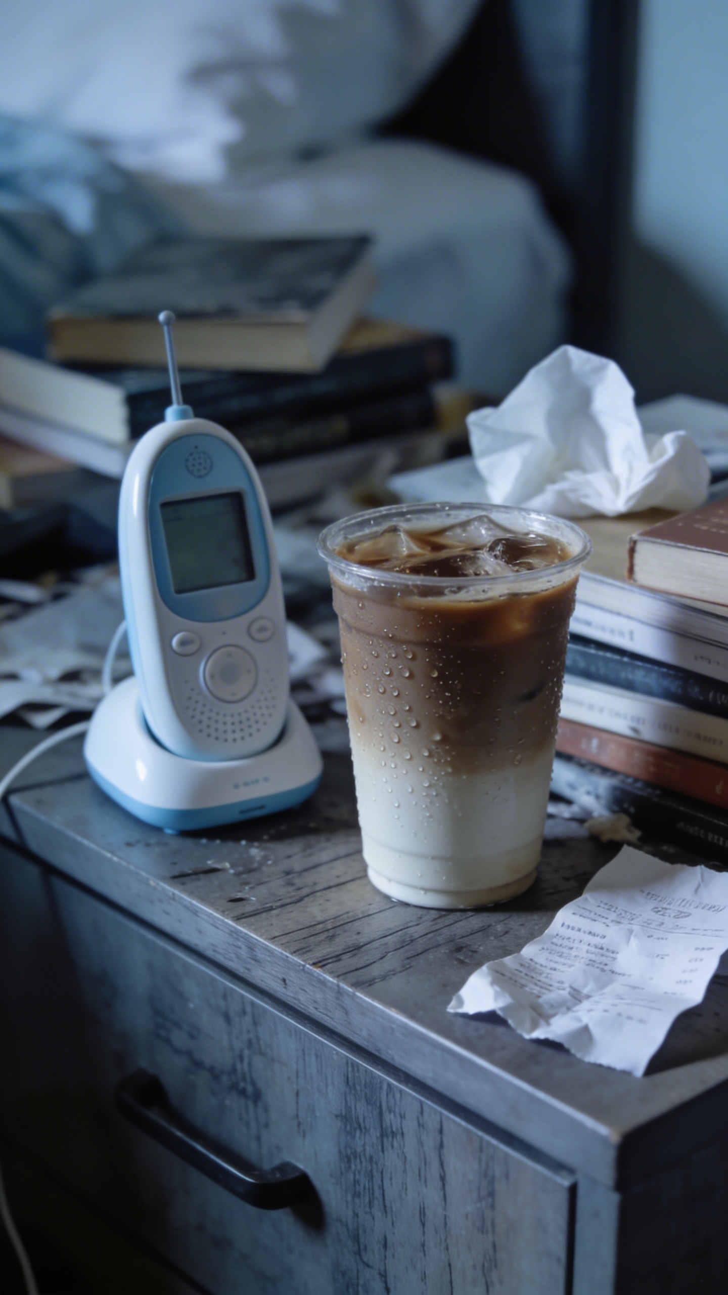 Cold coffee beside baby monitor on messy nightstand