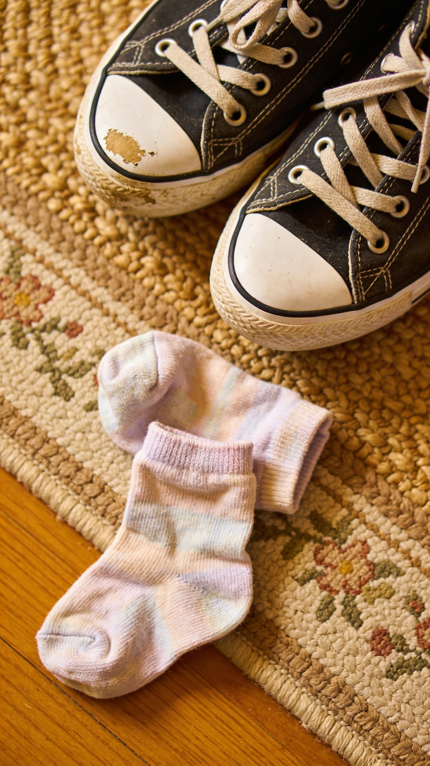 Mom’s sneakers next to tiny socks on welcome mat