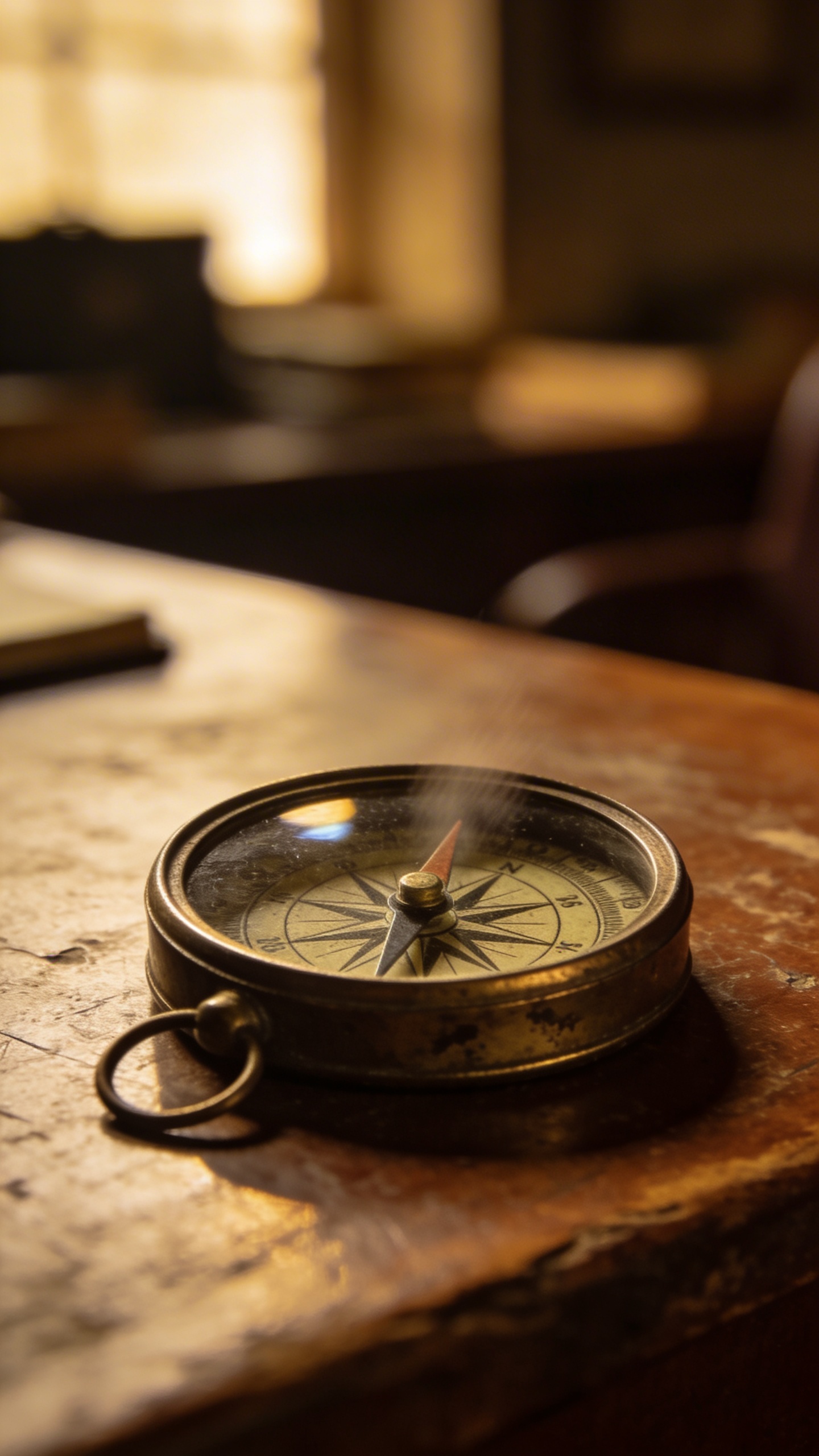 solitary compass on desk, needle blurred like static