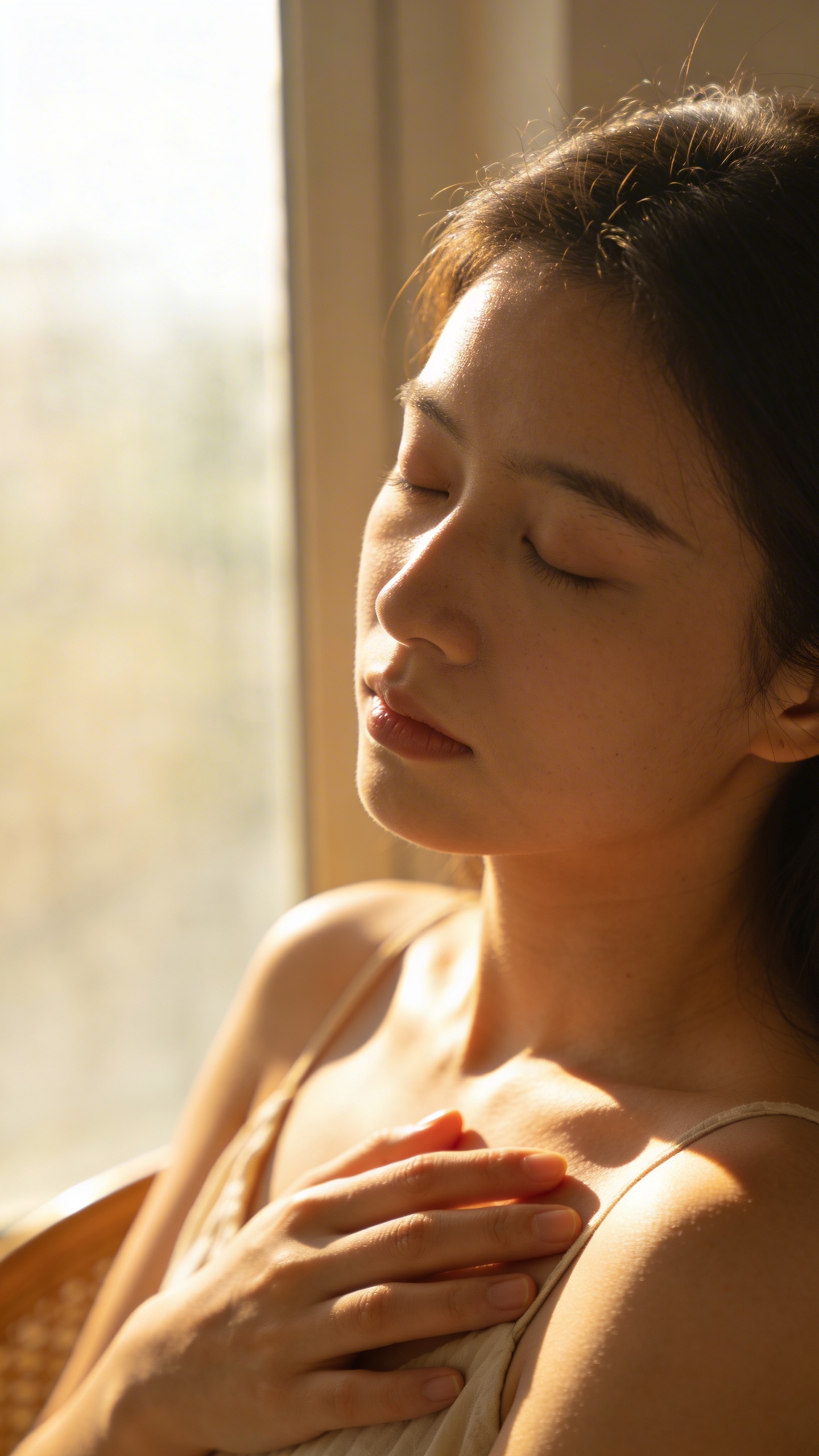 closed eyes hand over heart, morning window light