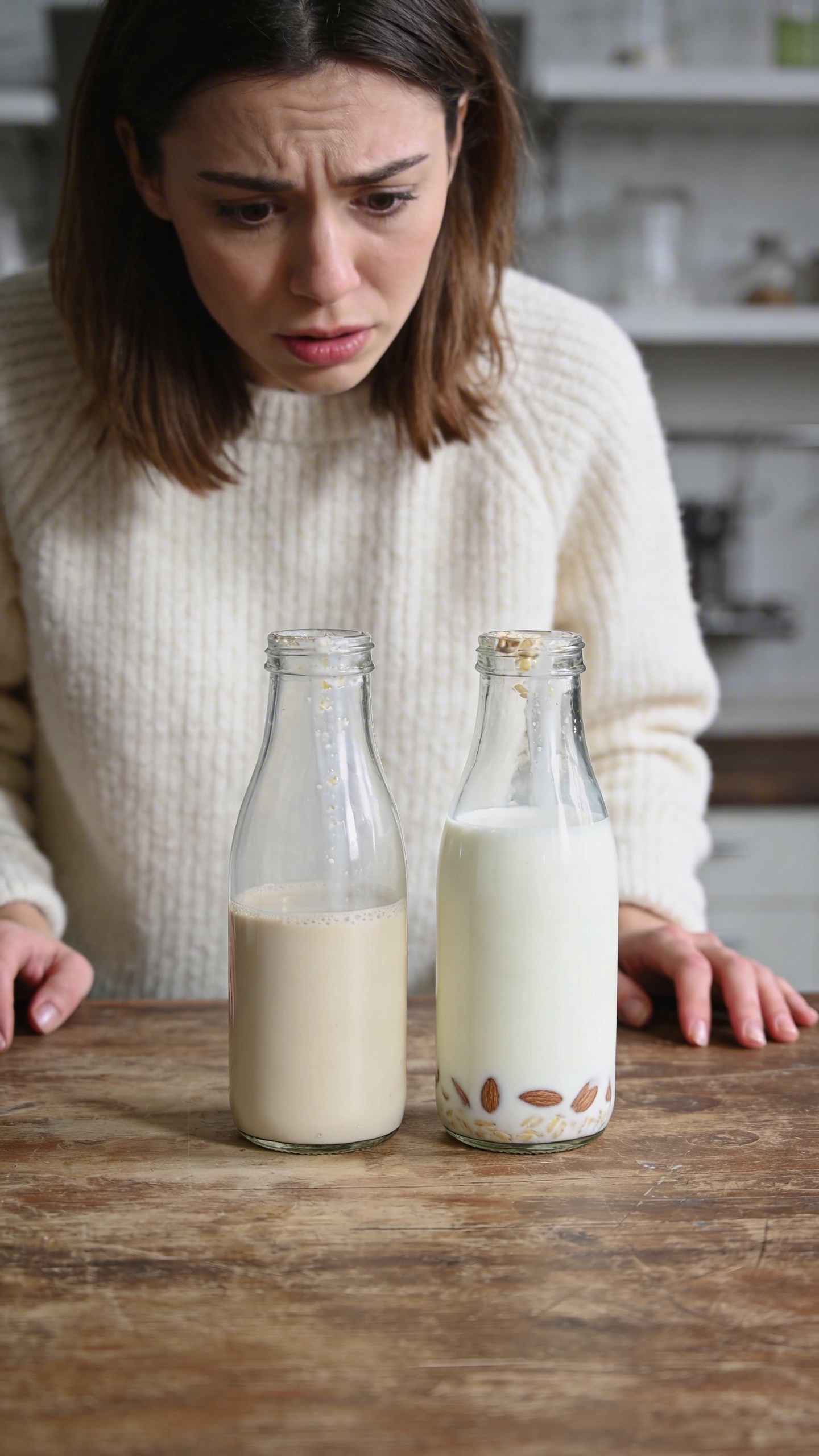 person staring at two milks, oat and almond, confused