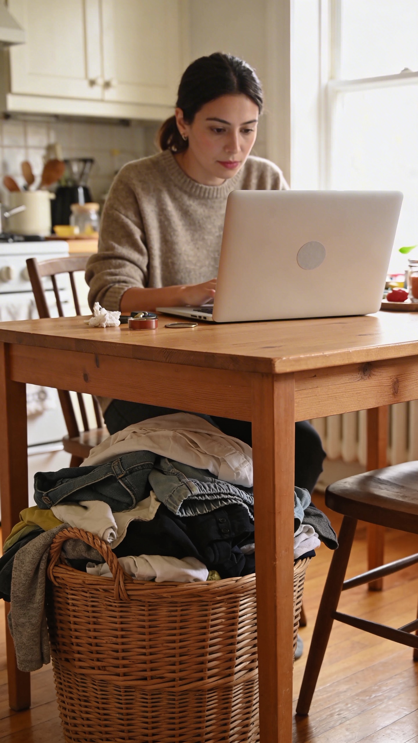 woman at kitchen table, laptop open, overflowing laundry basket