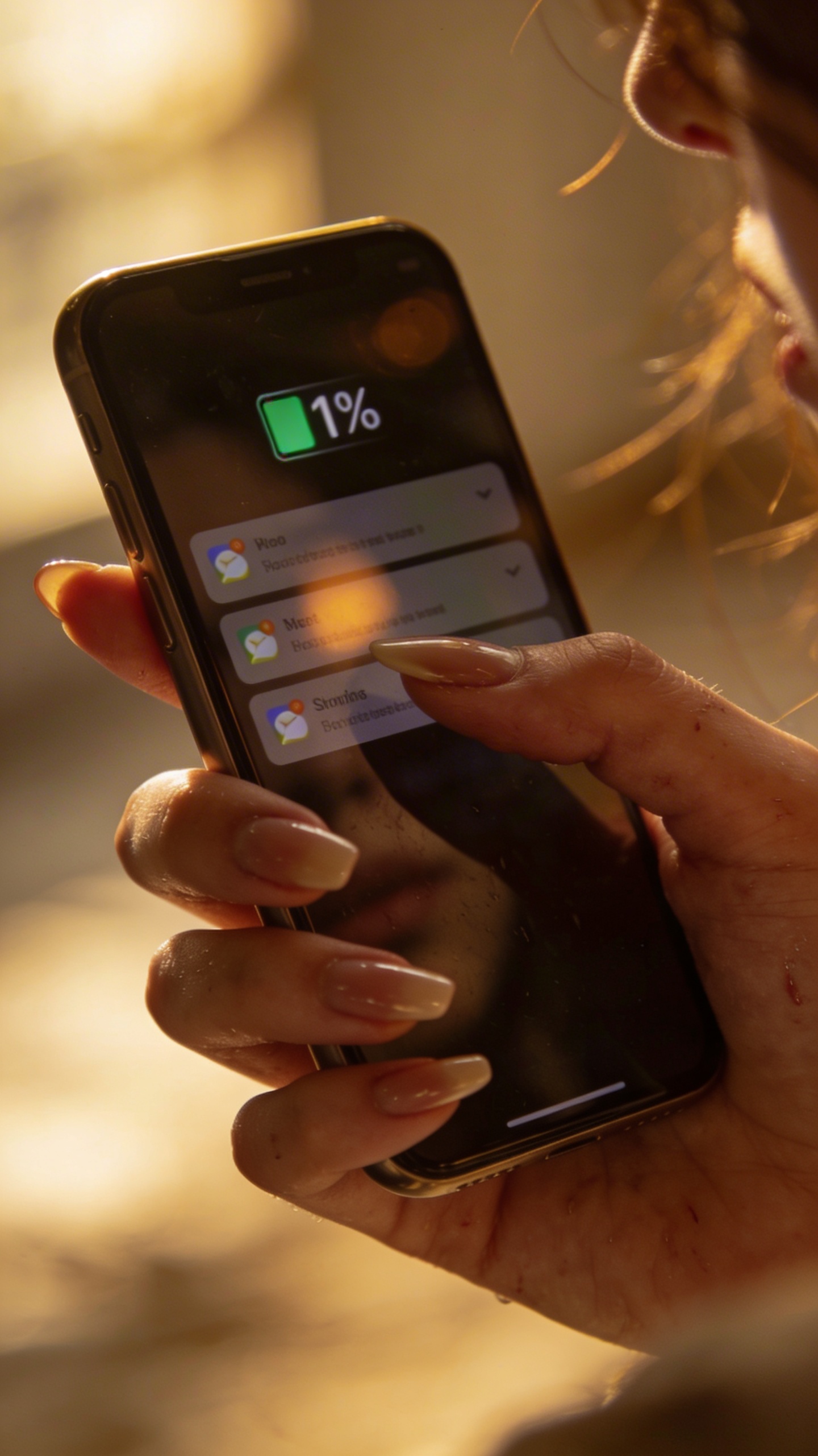 close-up female hand holding phone, 1% battery, unread messages