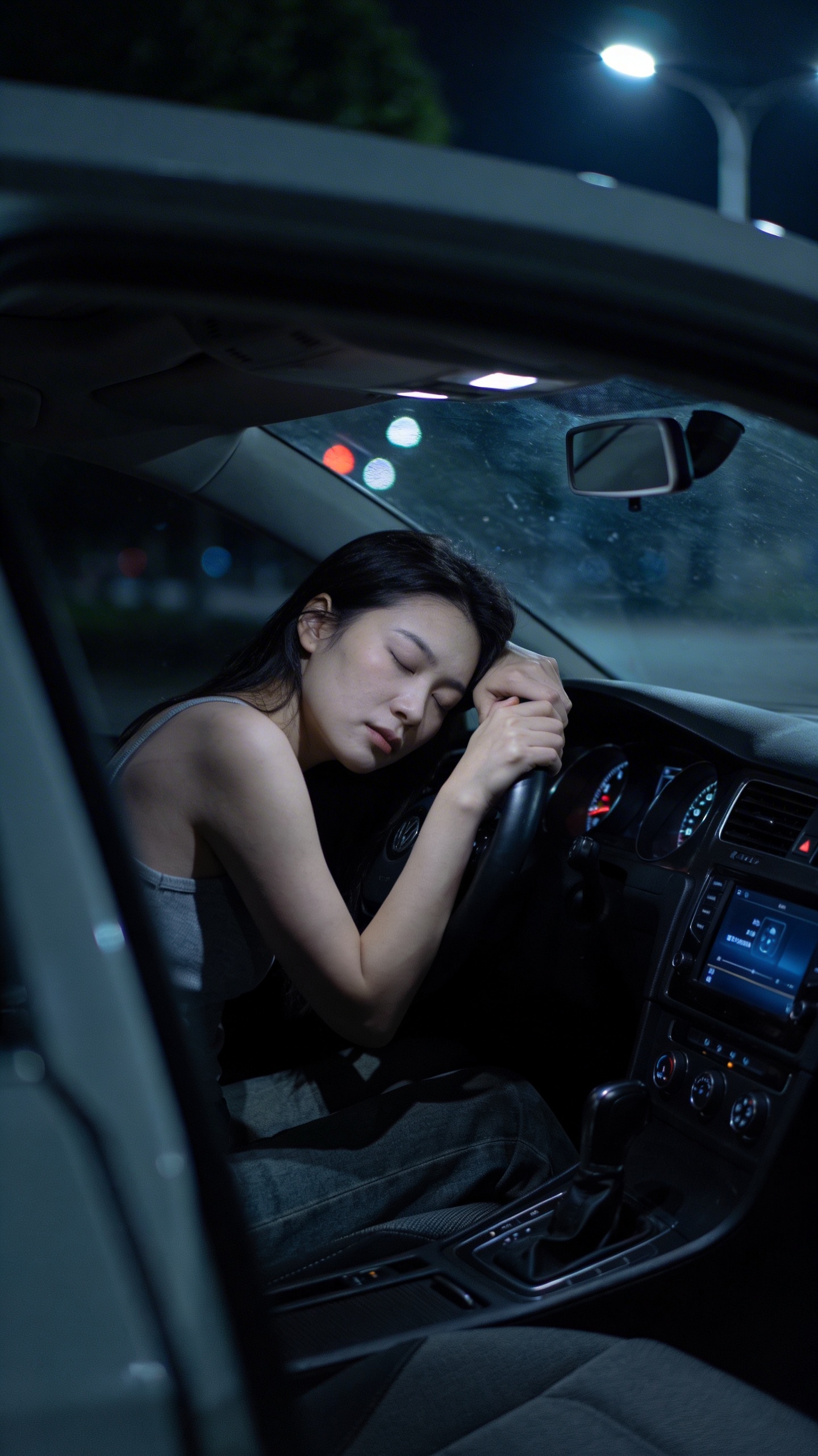 tired woman in parked car at night, forehead on steering wheel
