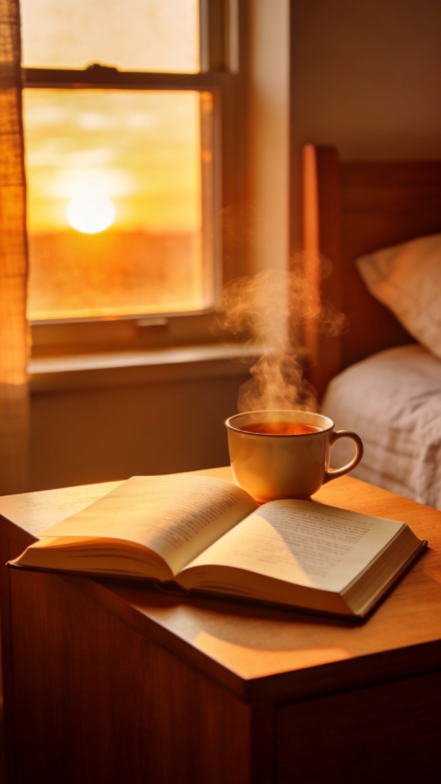 Open journal with tea steam, sunrise on bedside table