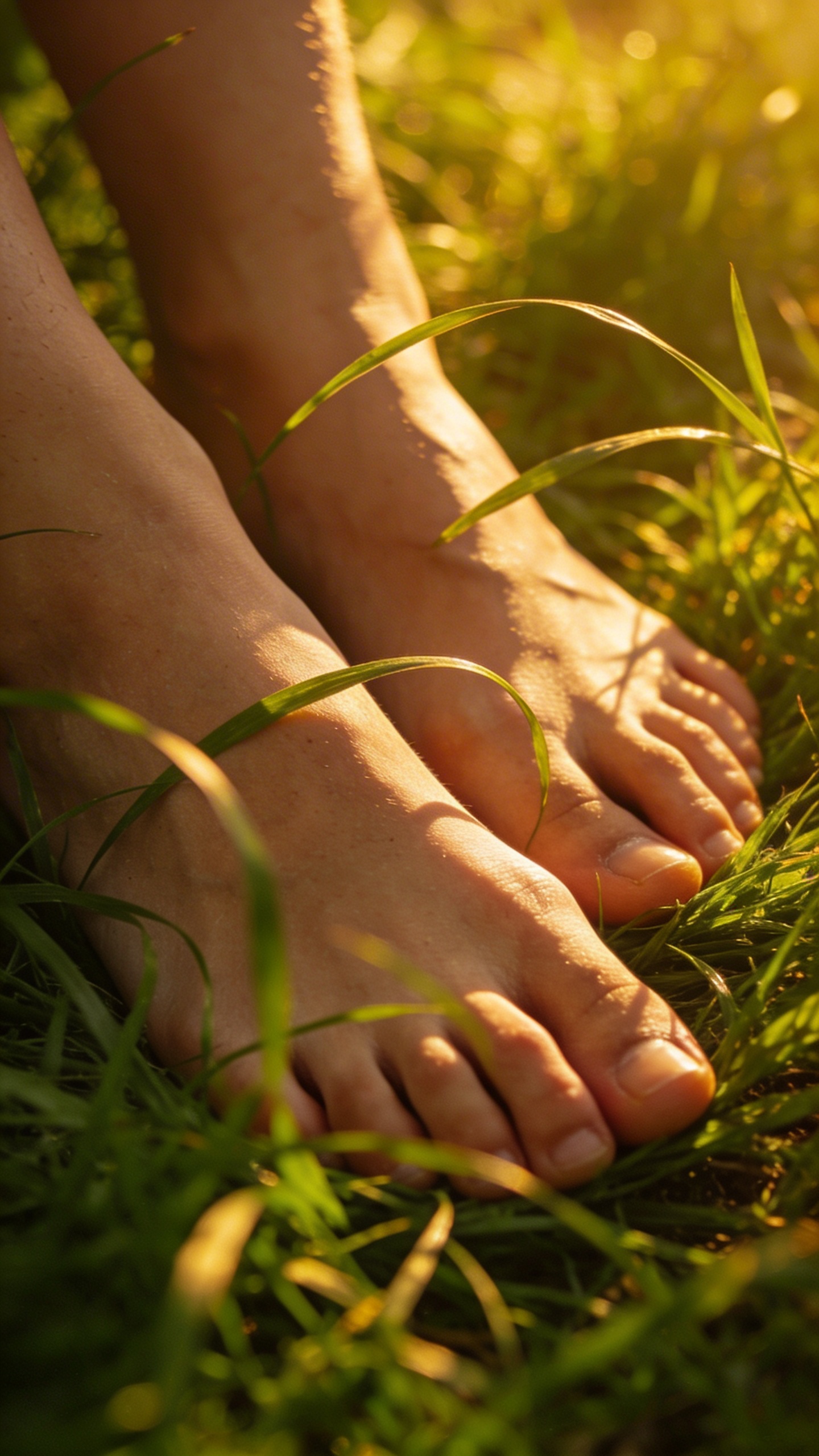 Bare feet on grass, golden hour, calm posture