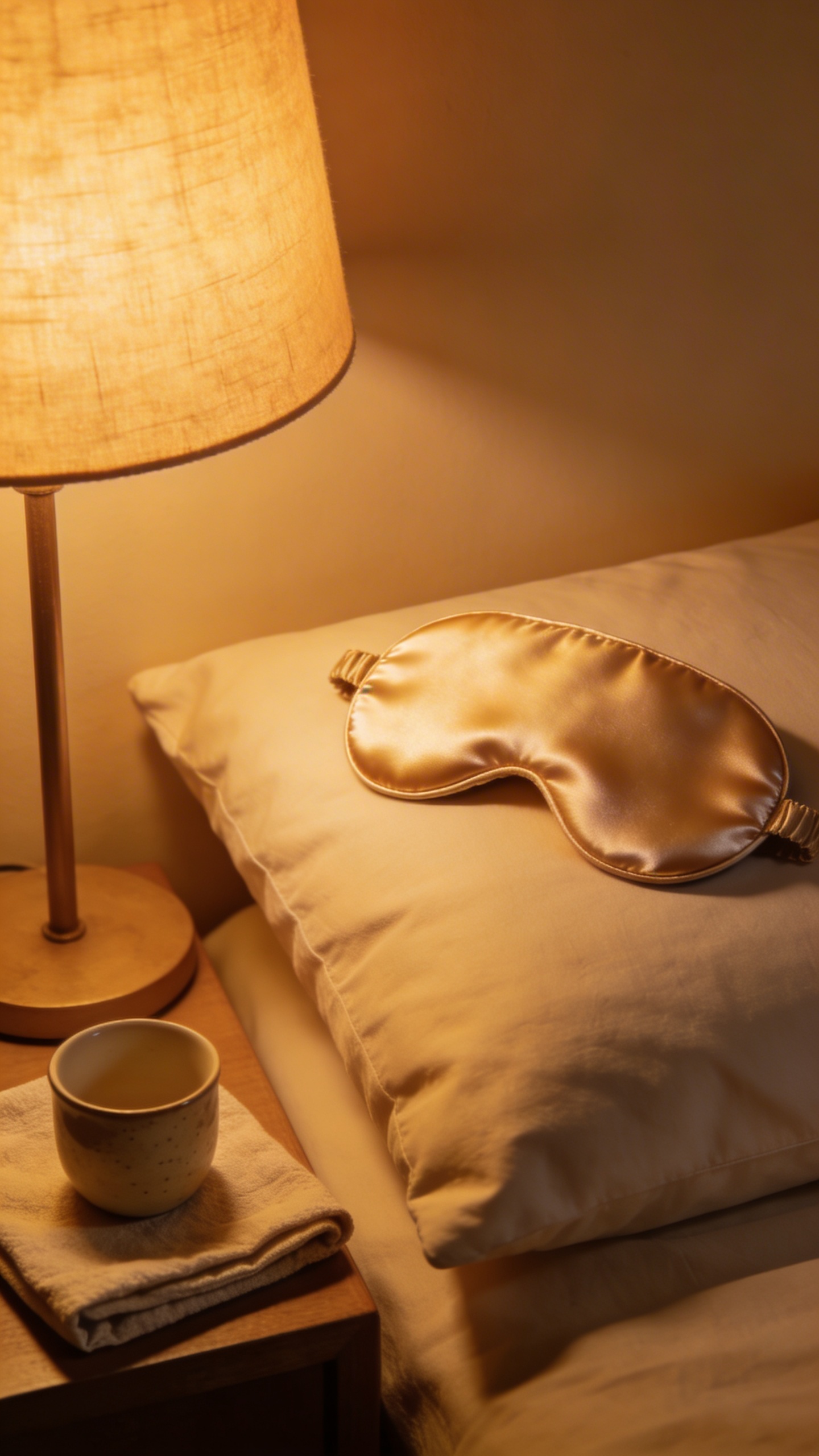 Silk eye mask on pillow, warm lamp, tidy nightstand