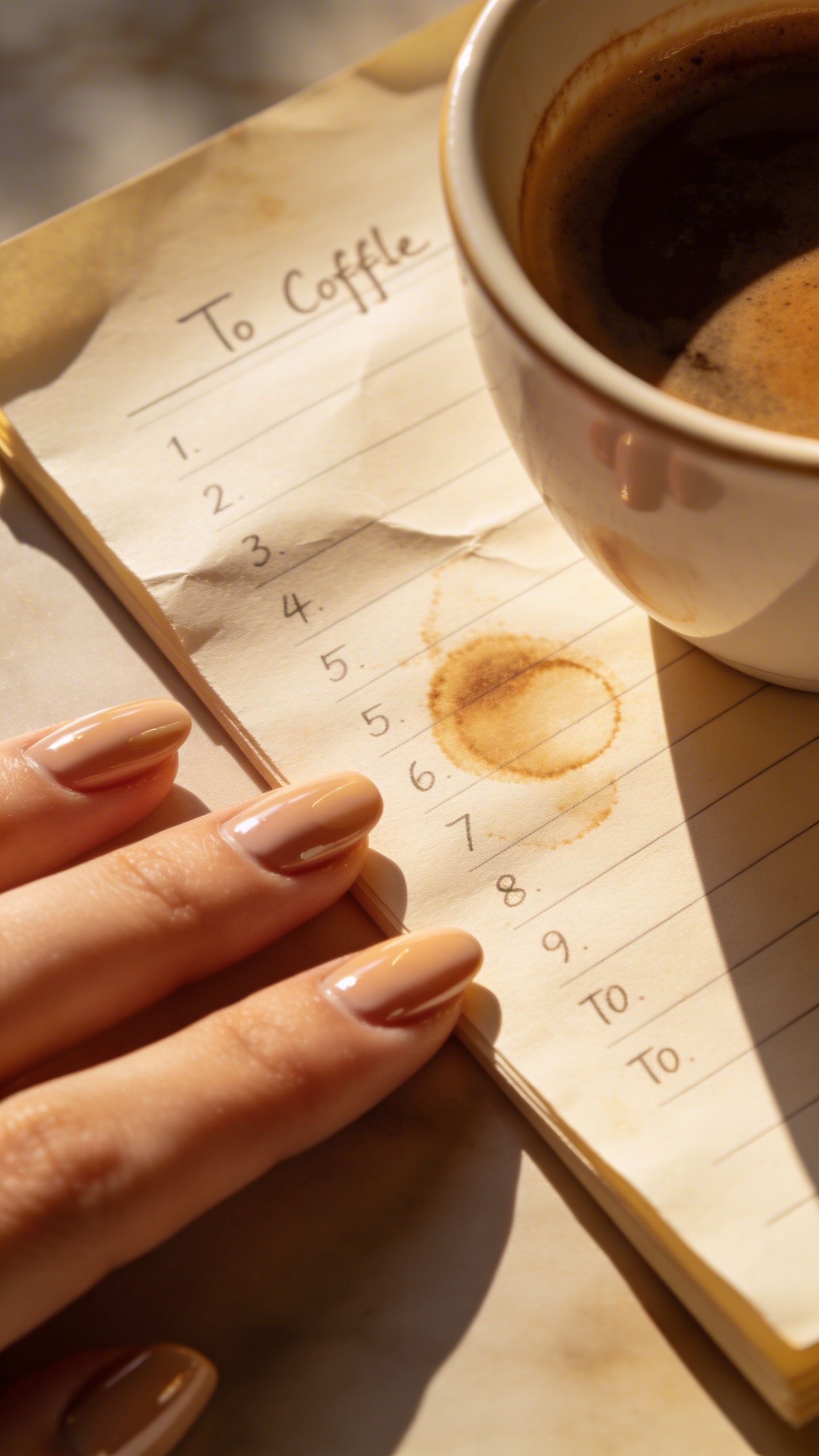 Coffee-stained to-do list beside flawless manicure, soft morning light