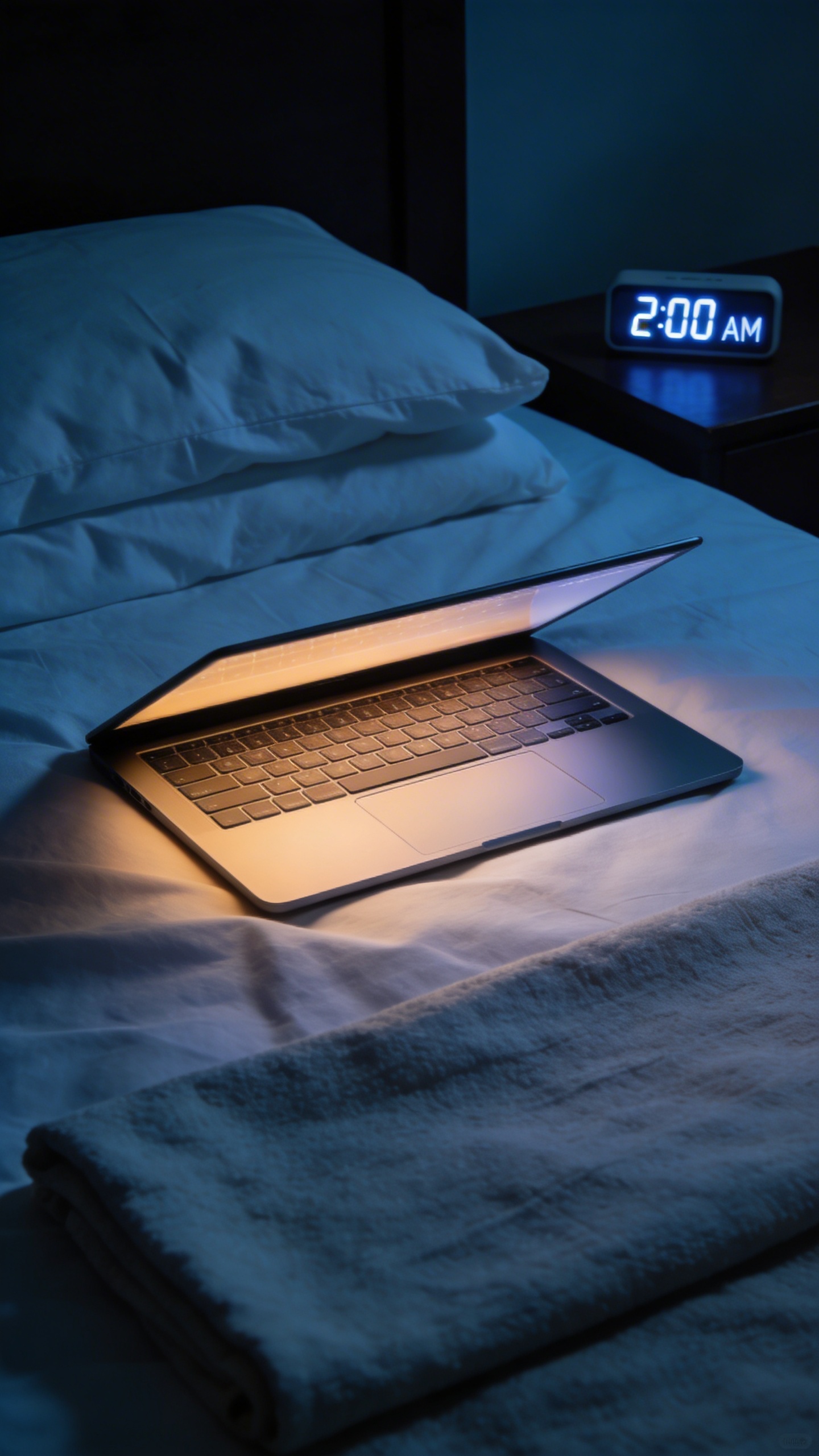 Neatly made bed with laptop glowing 2 a.m.