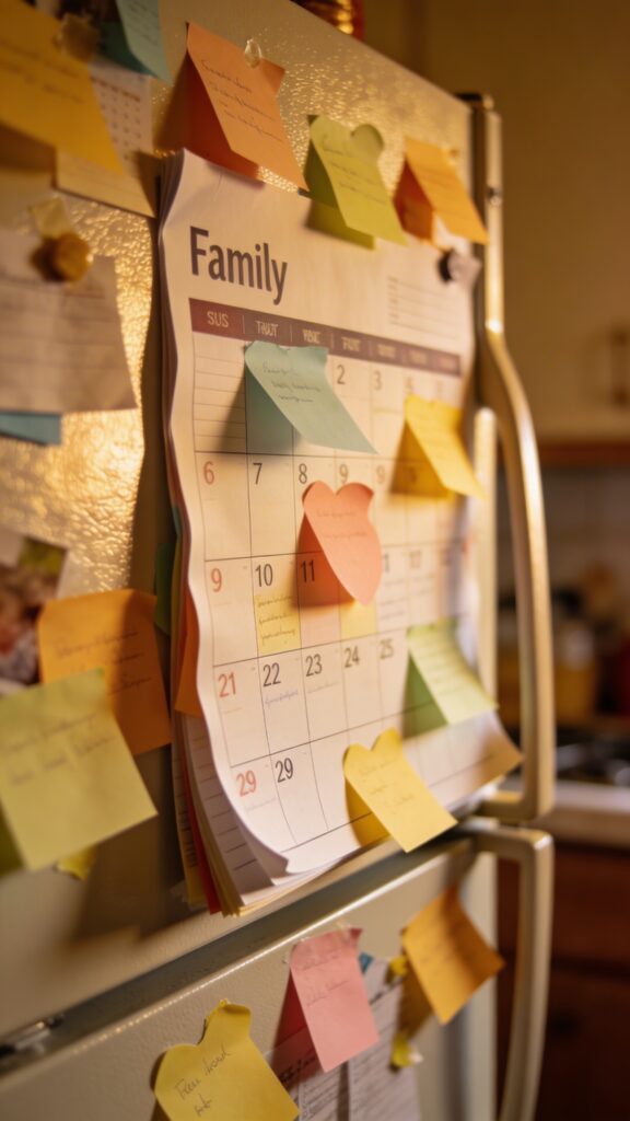 overflowing family calendar with sticky notes on fridge door