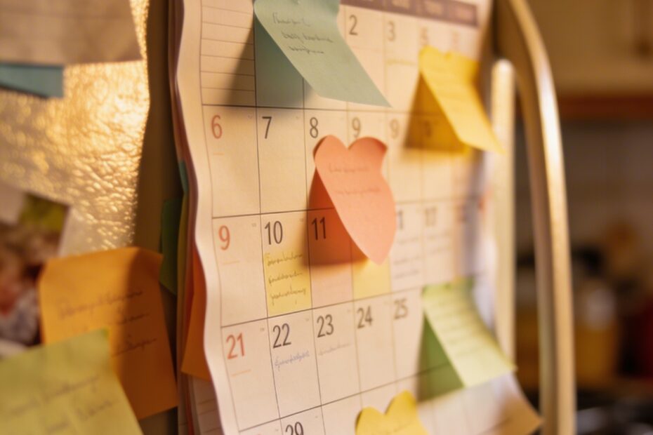 overflowing family calendar with sticky notes on fridge door