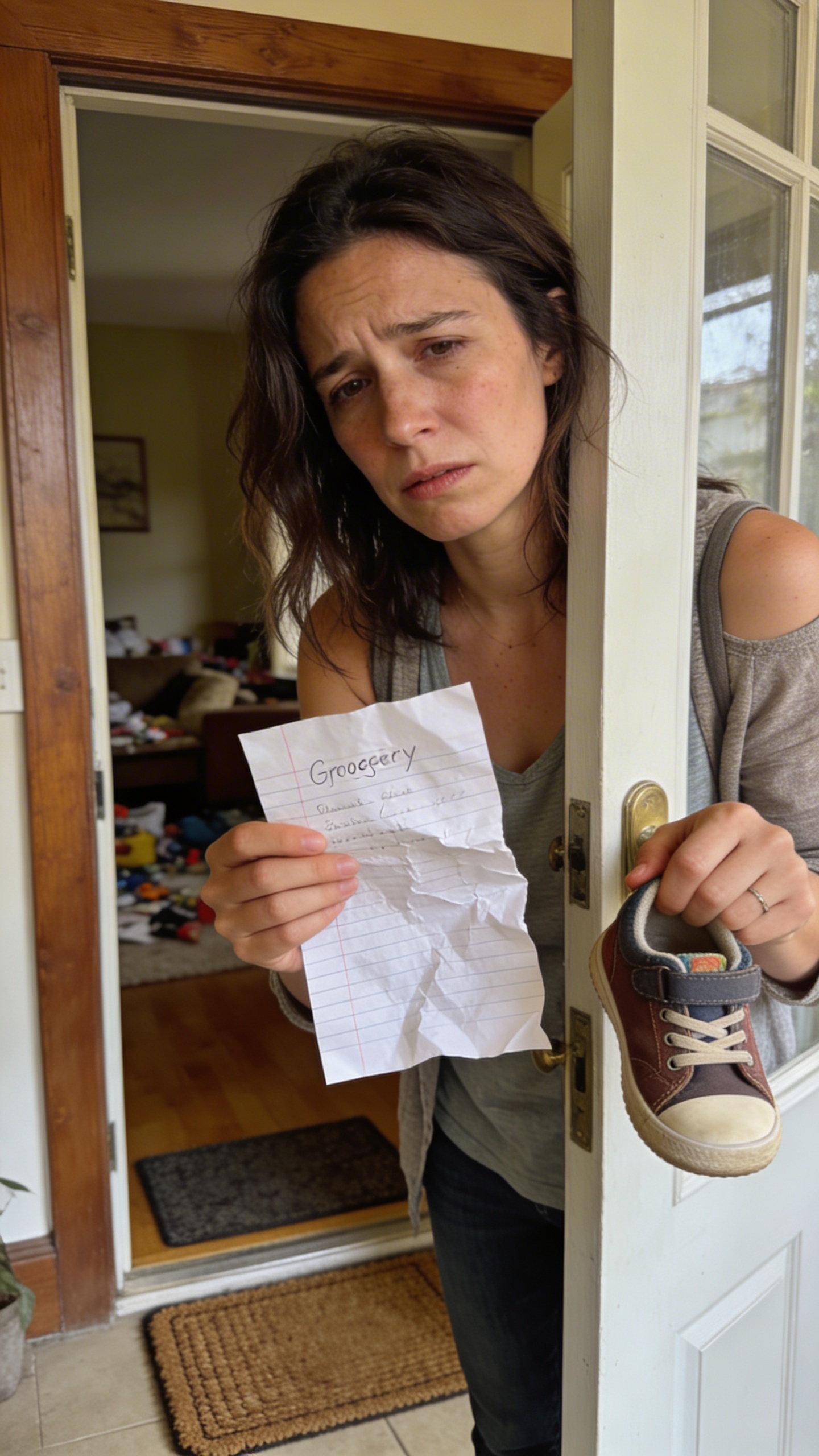 tired mom holding grocery list and toddler shoe at doorway