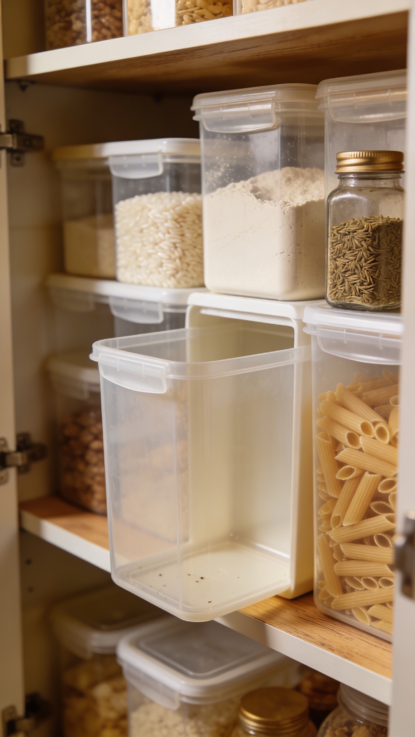 open pantry shelf with labeled bins and missing cumin jar