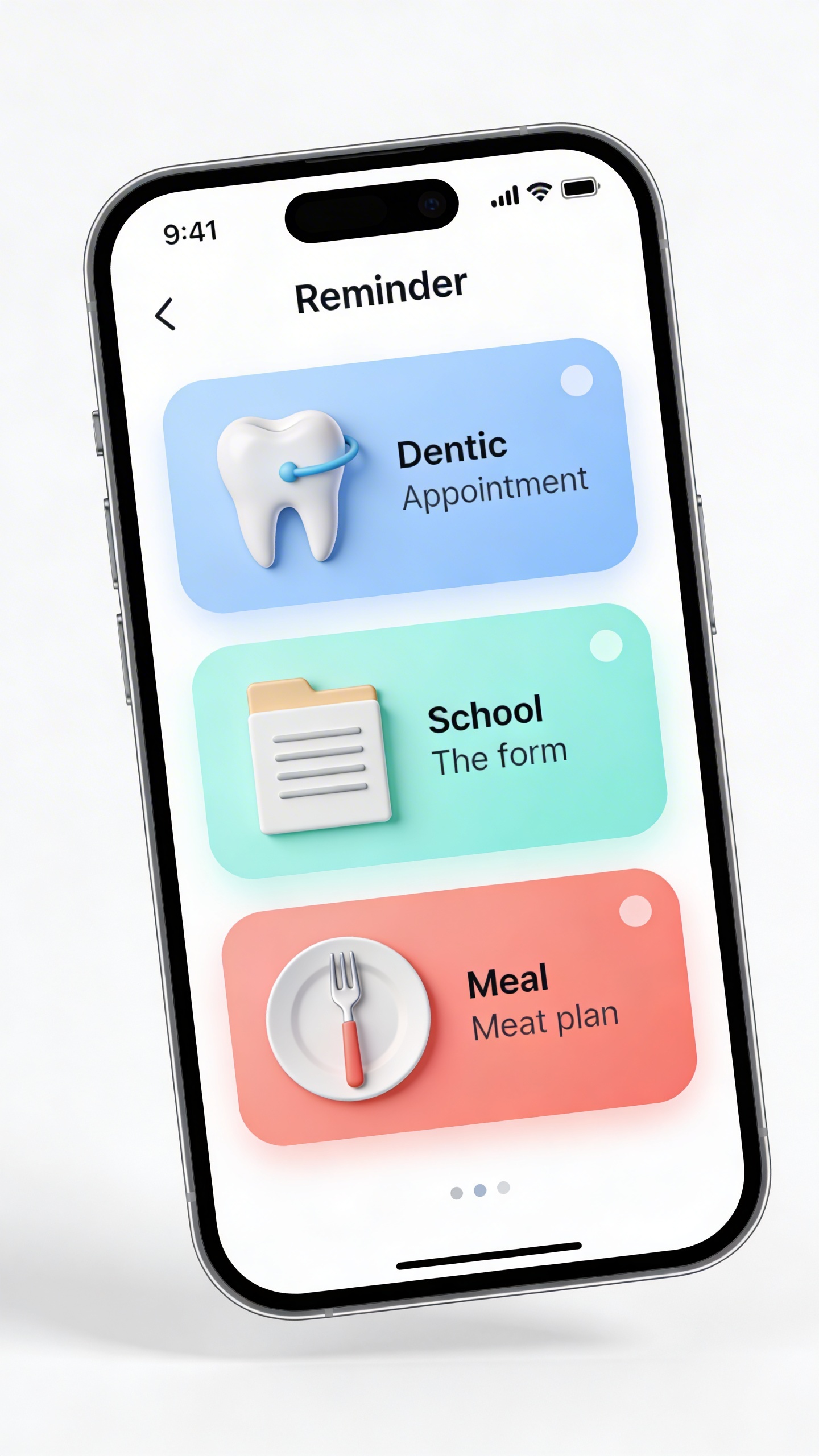 smartphone reminder screen: dentist appointment, school form, meal plan