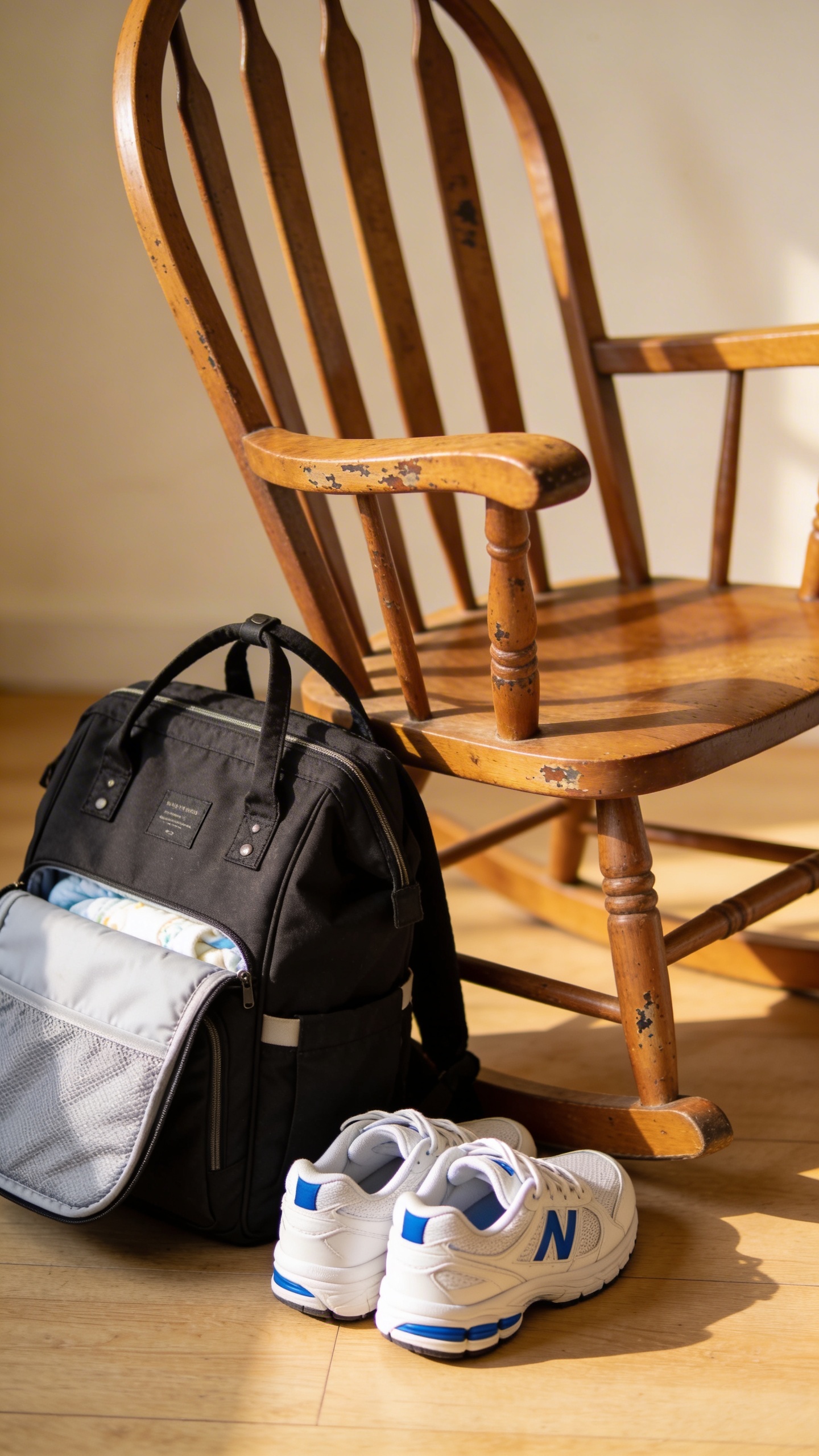 Empty rocking chair with folded running shoes beside diaper bag