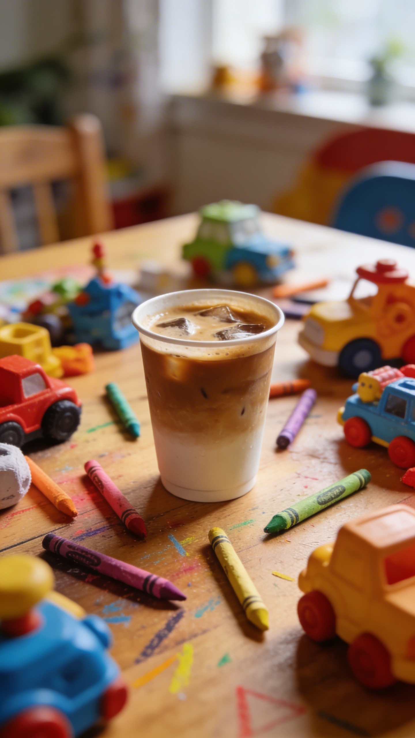 cold coffee on toy-strewn table, scattered crayons, morning light