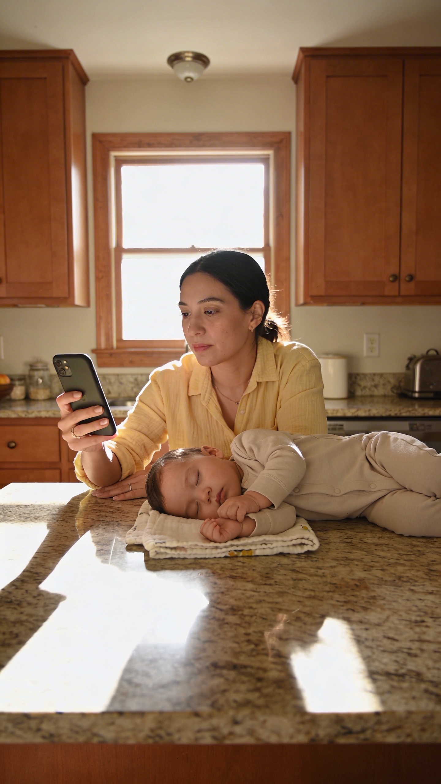 mom texting on kitchen island, toddler napping, natural light