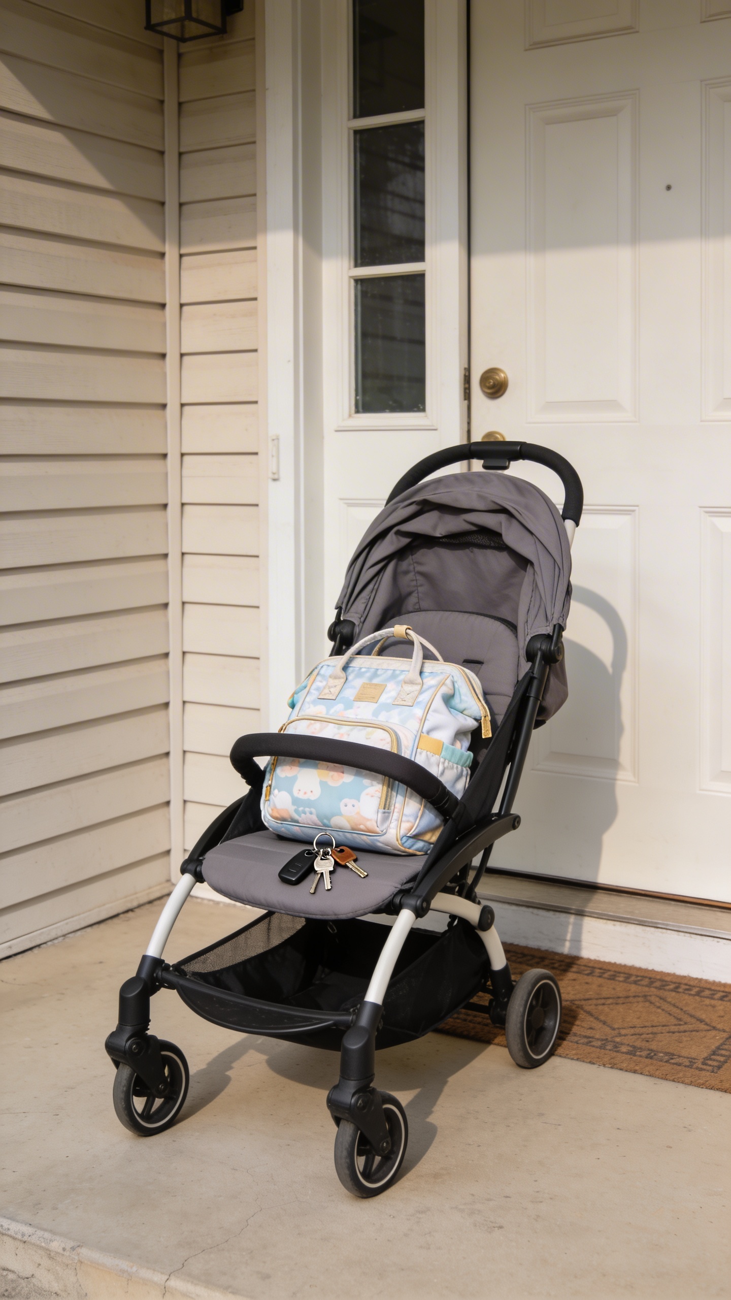 empty stroller by front door, keys and diaper bag, daylight