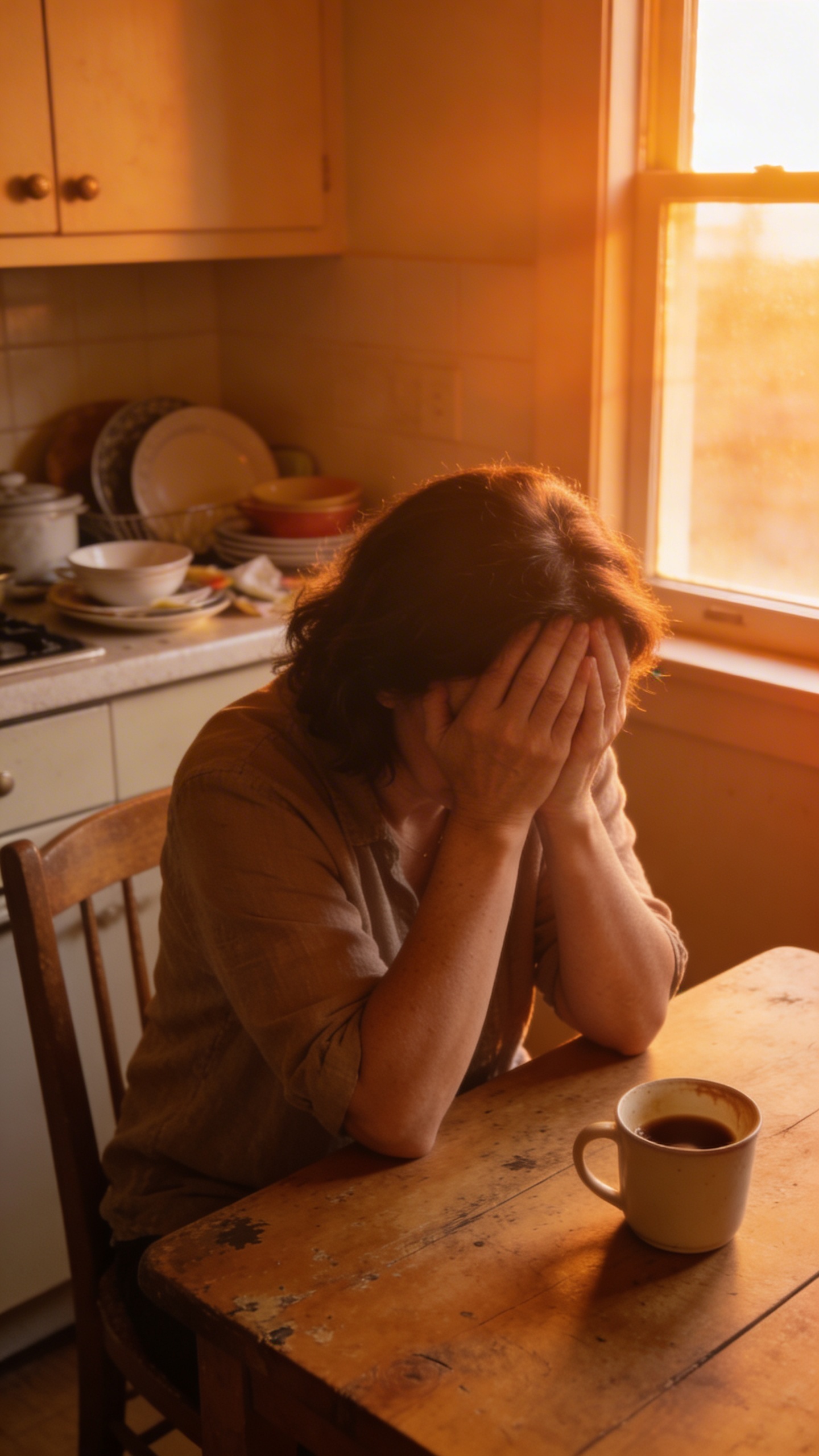 tired mom at kitchen table, head in hands, 3 p.m. light