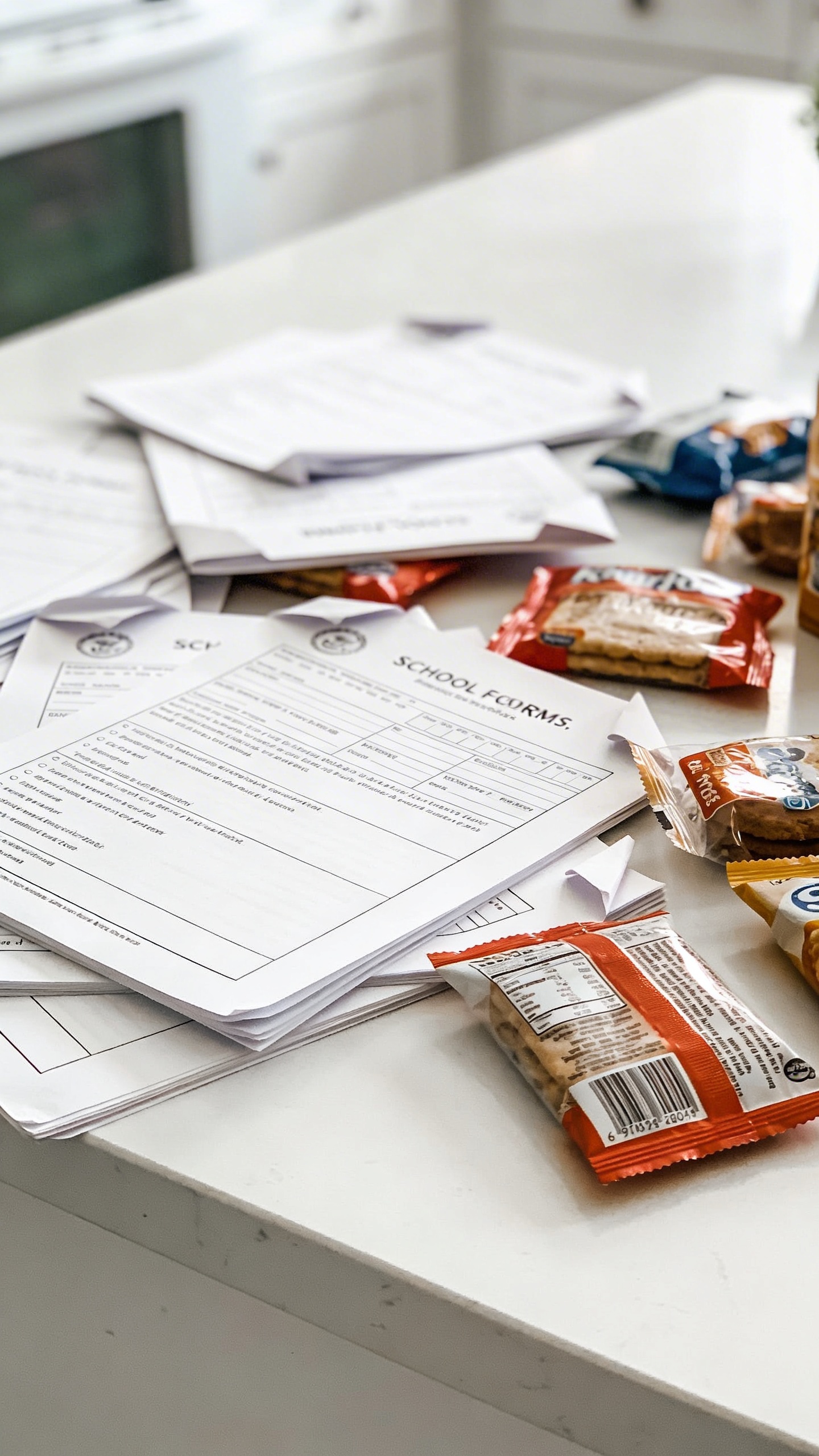 scattered school forms and snack packs on white countertop