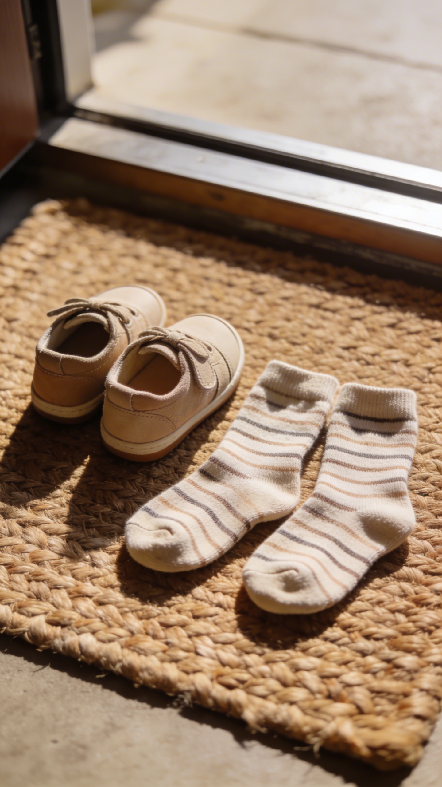toddler socks beside tiny shoes on entryway mat