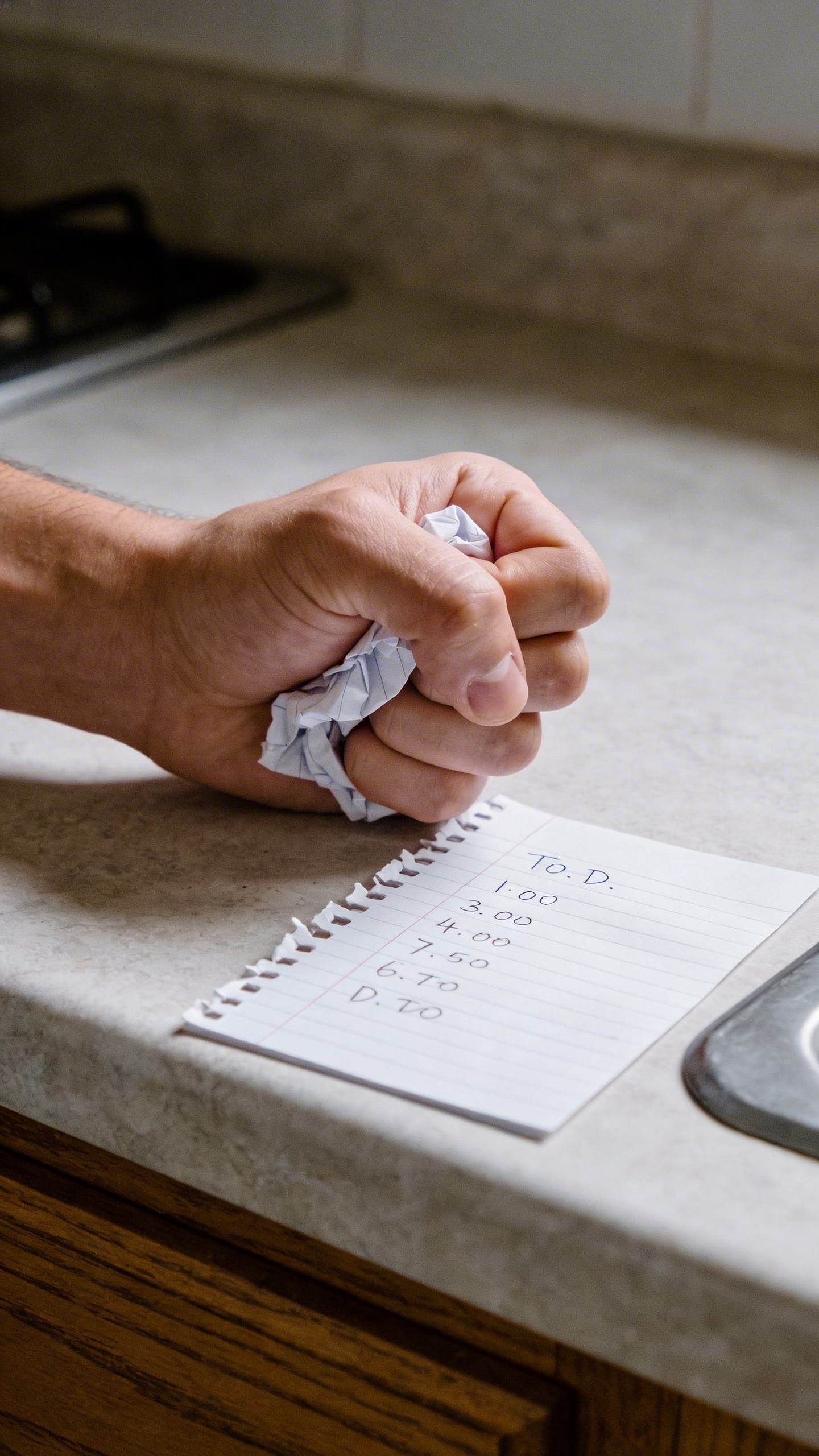 clenched fist holding crumpled to-do list on kitchen counter