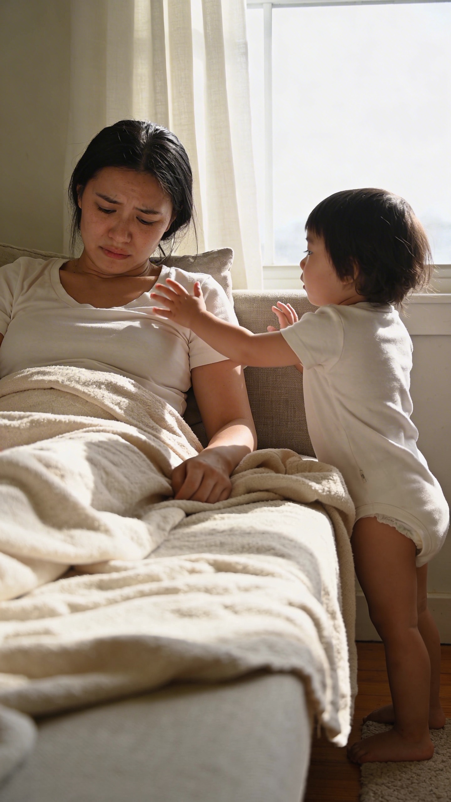 Overwhelmed mom on sofa, toddler hands reaching, soft window light