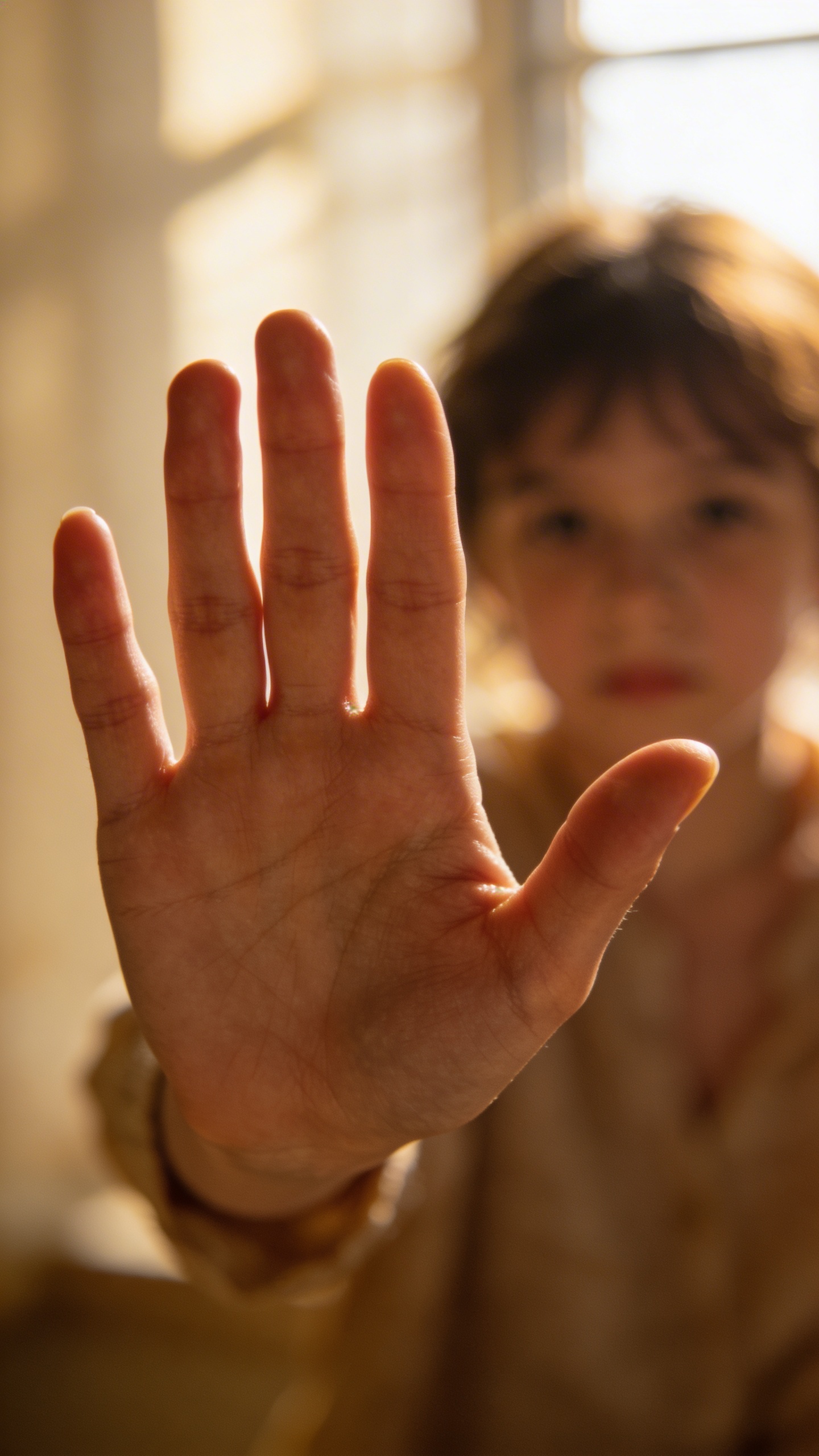 Mom’s hand gently signaling stop, blurred child in background
