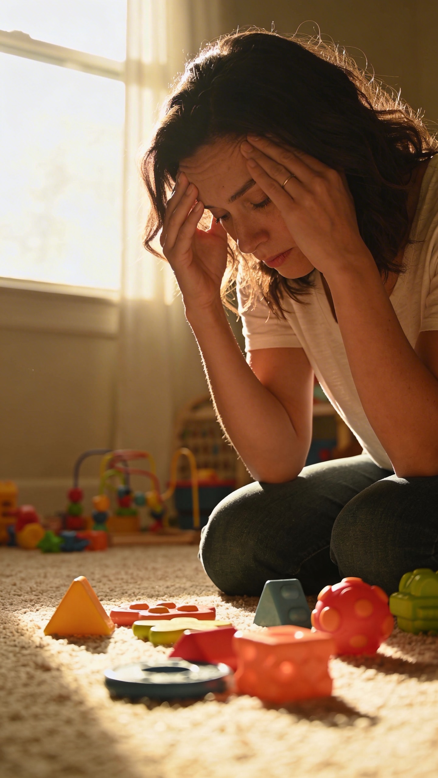 exhausted mom rubbing temples beside scattered toys, natural light