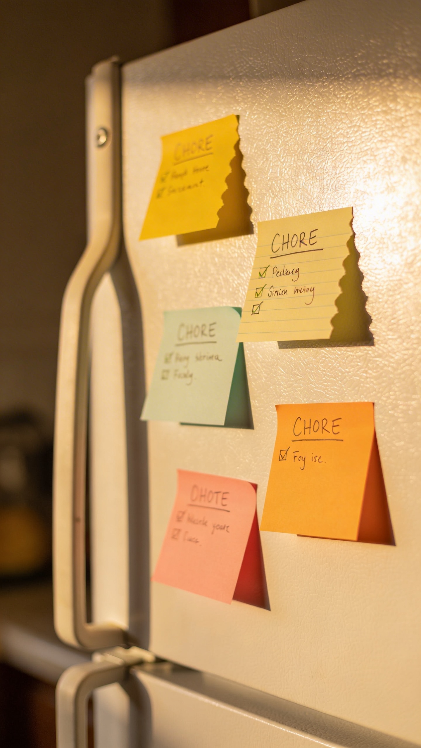 sticky note list of chores on fridge, soft morning light