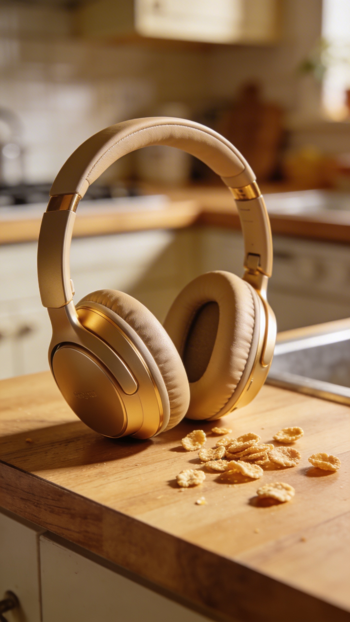 noise-canceling headphones on kitchen counter, spilled cereal nearby