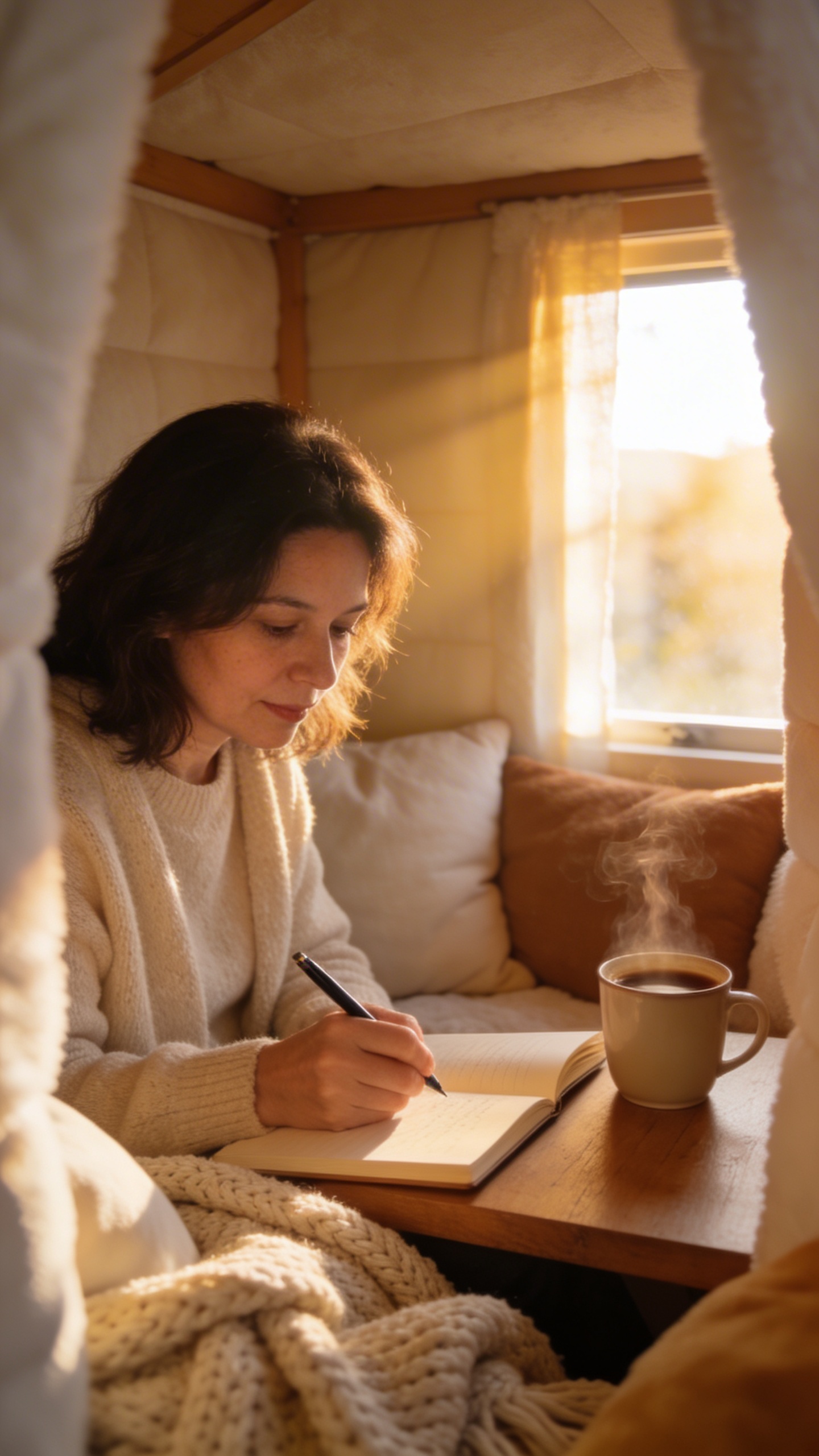 mom journaling alone at sunrise with coffee, cozy nook