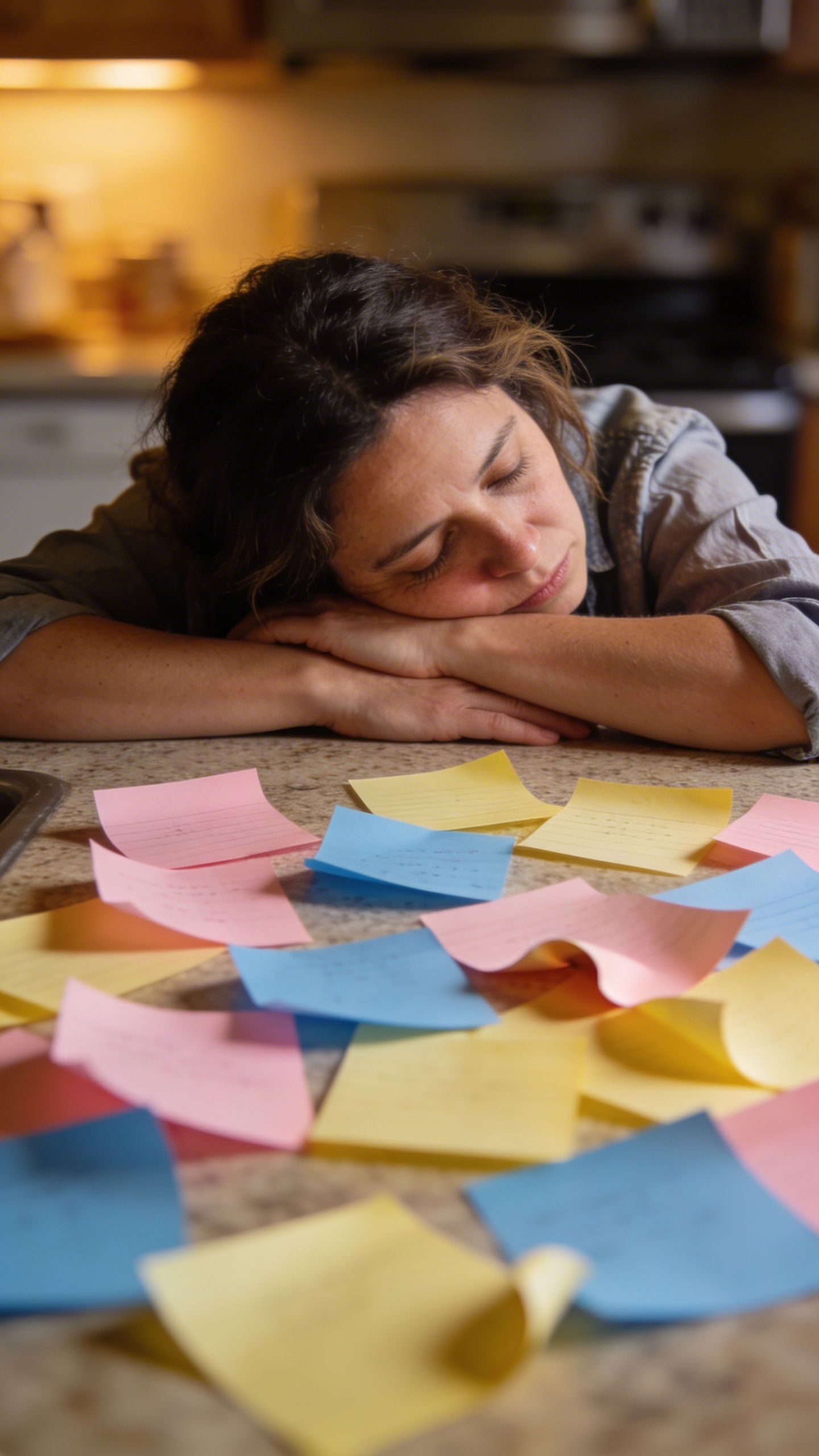 Exhausted mom at kitchen counter with overlapping sticky notes