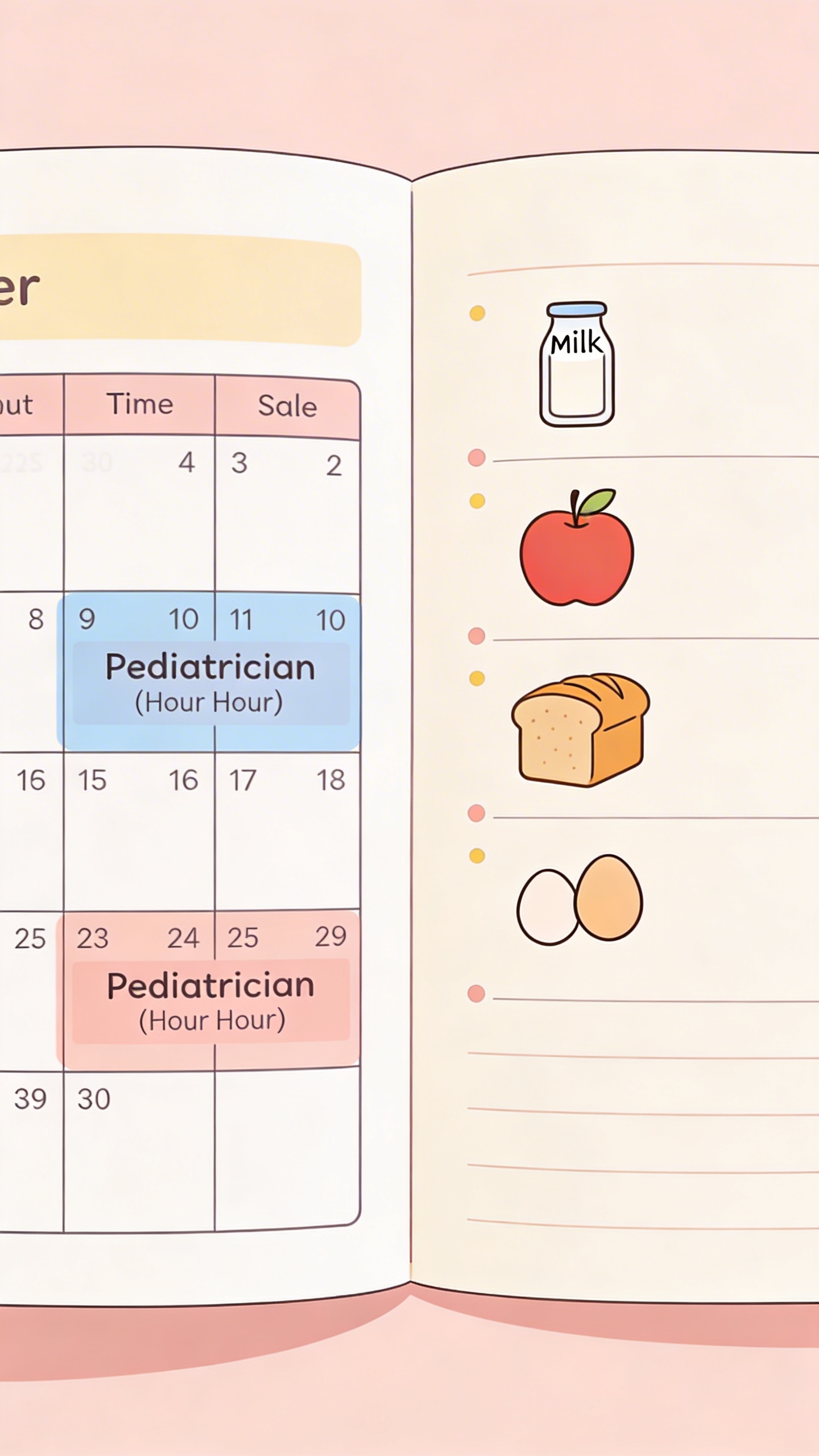 Open planner showing pediatrician hours and grocery list