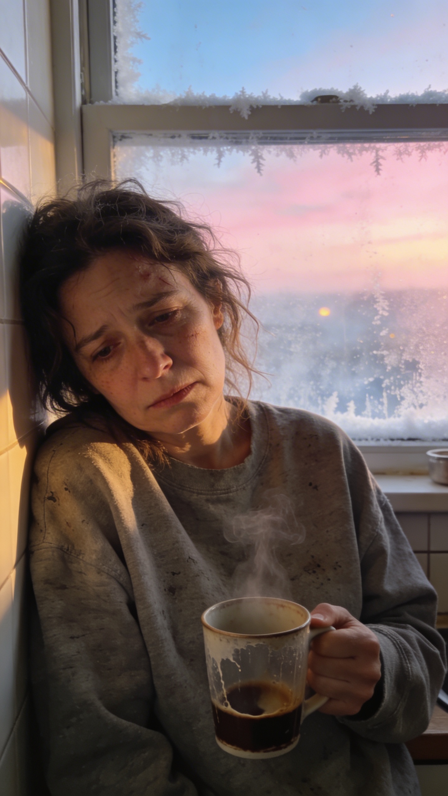 Exhausted mom with cold coffee mug at dawn window