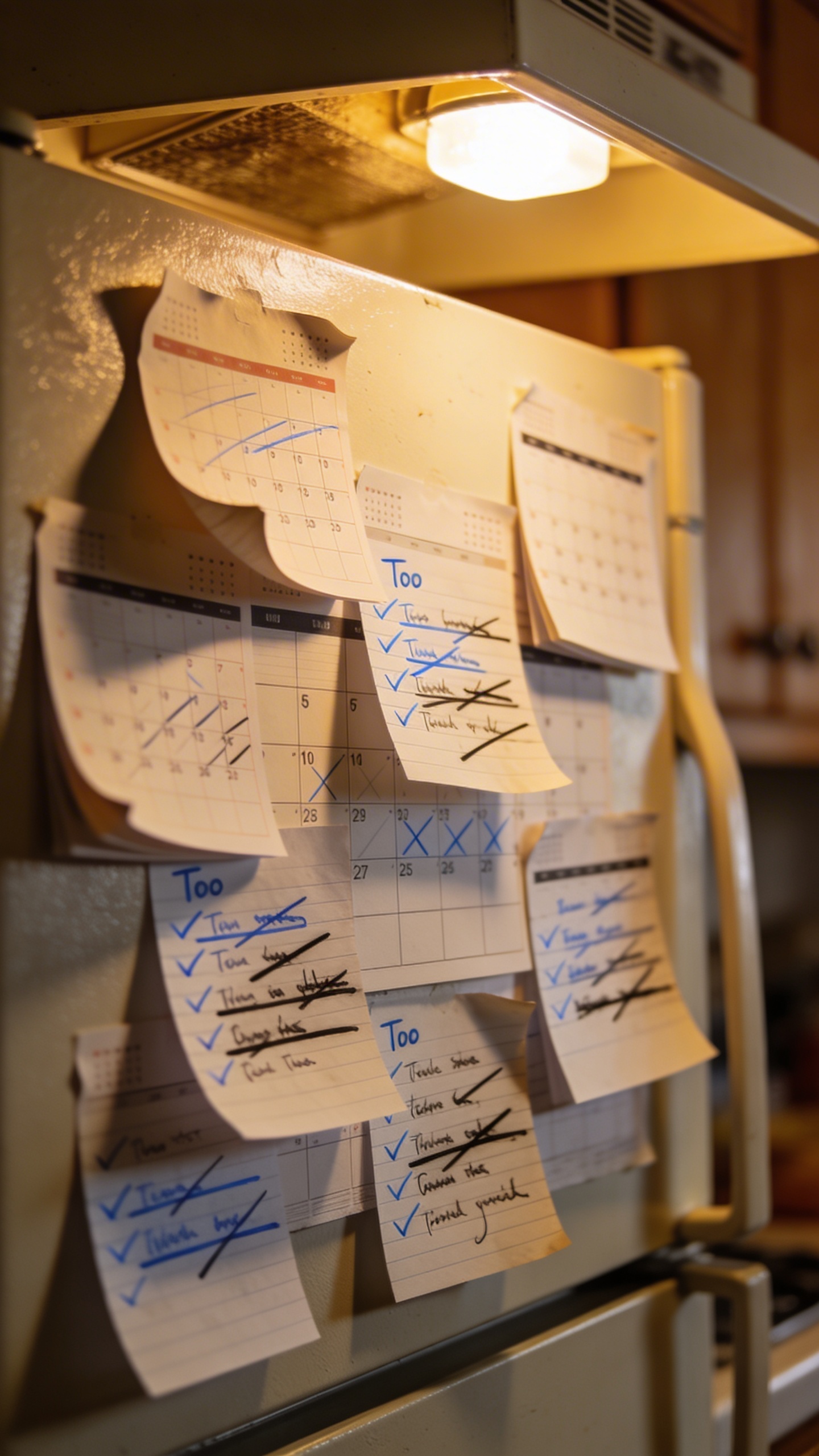 Calendar-packed fridge door, crossed-out to-do lists, kitchen light