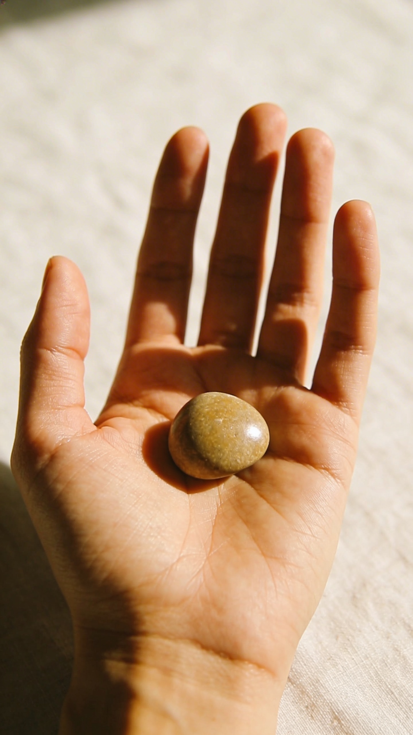 single open palm holding a small smooth stone, soft light