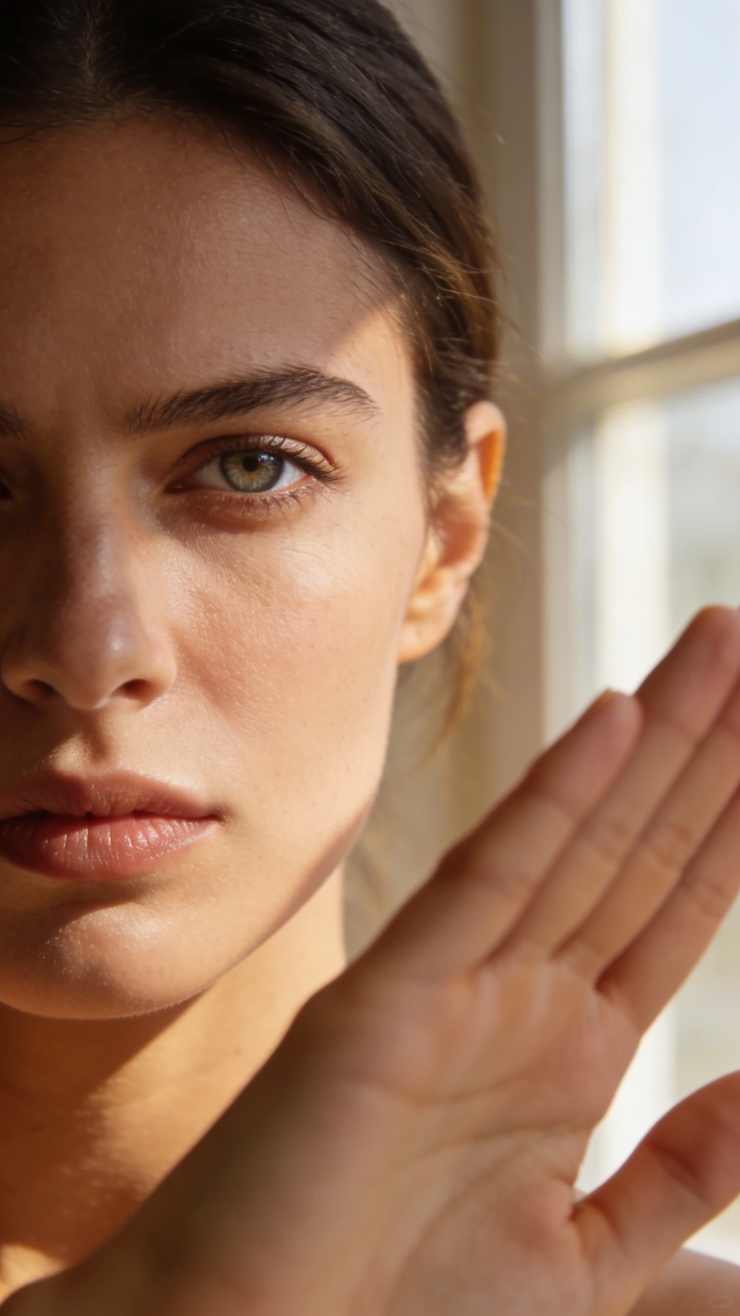 confident woman’s face saying “no,” soft natural window light