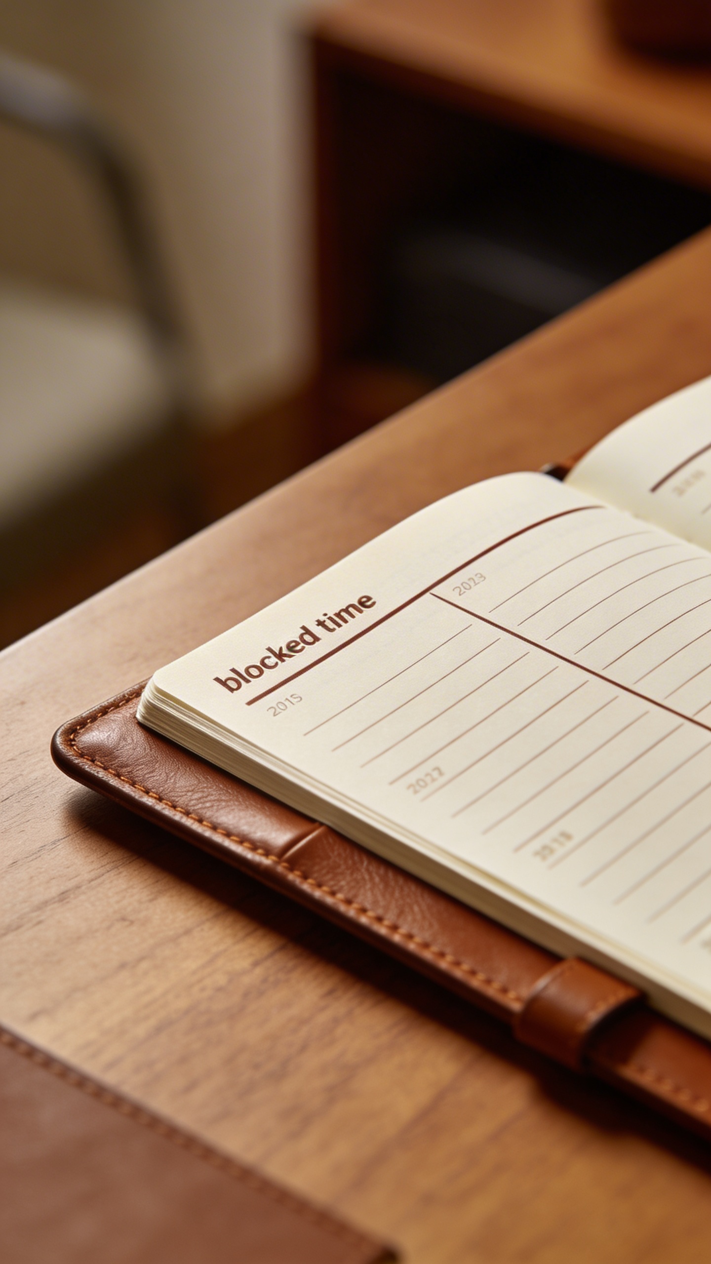 single leather-bound planner with firm “blocked time” entry