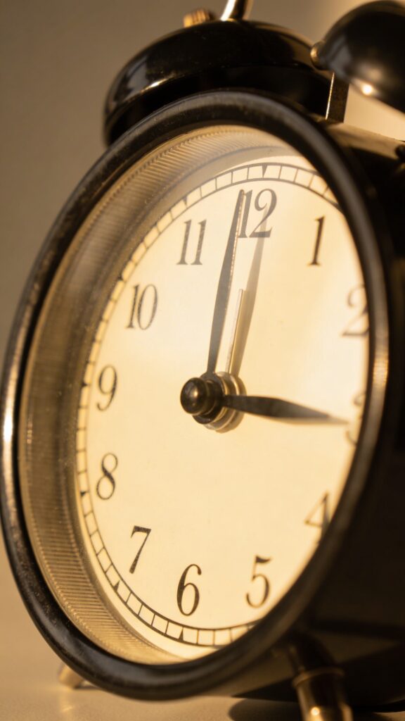 closeup of a single analog alarm clock at 6pm cutoff