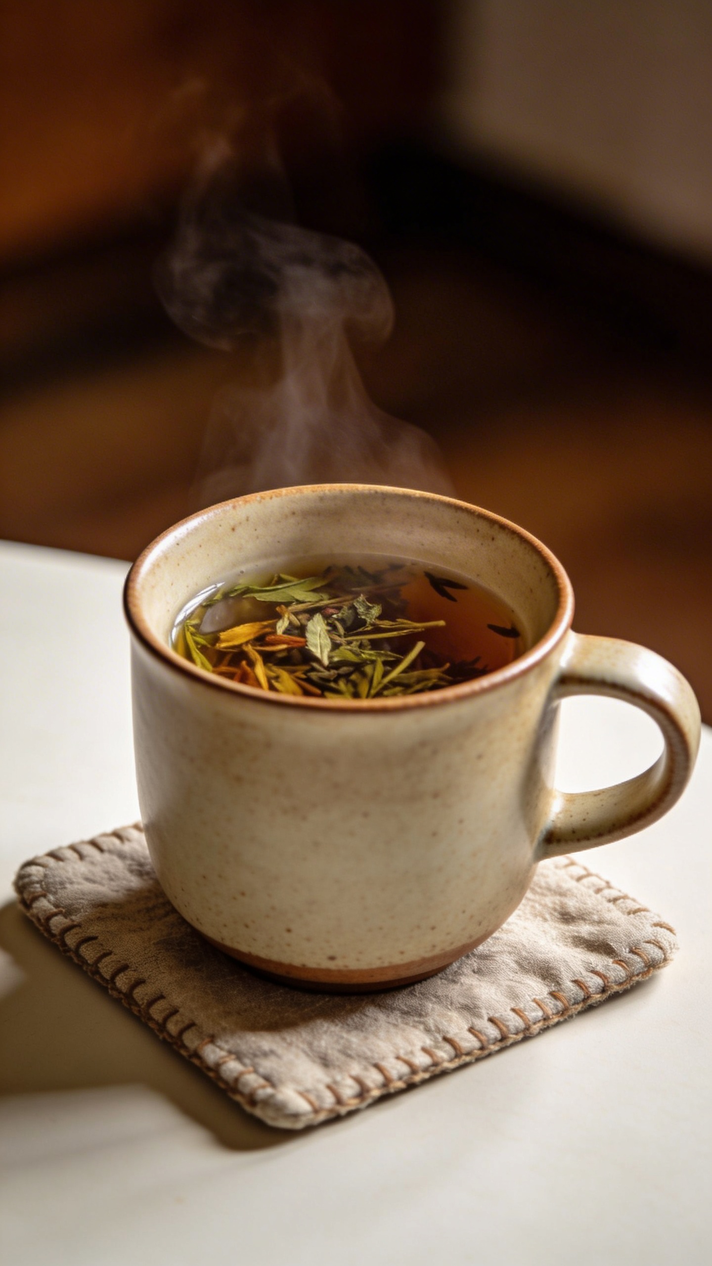single ceramic mug of herbal tea on linen coaster