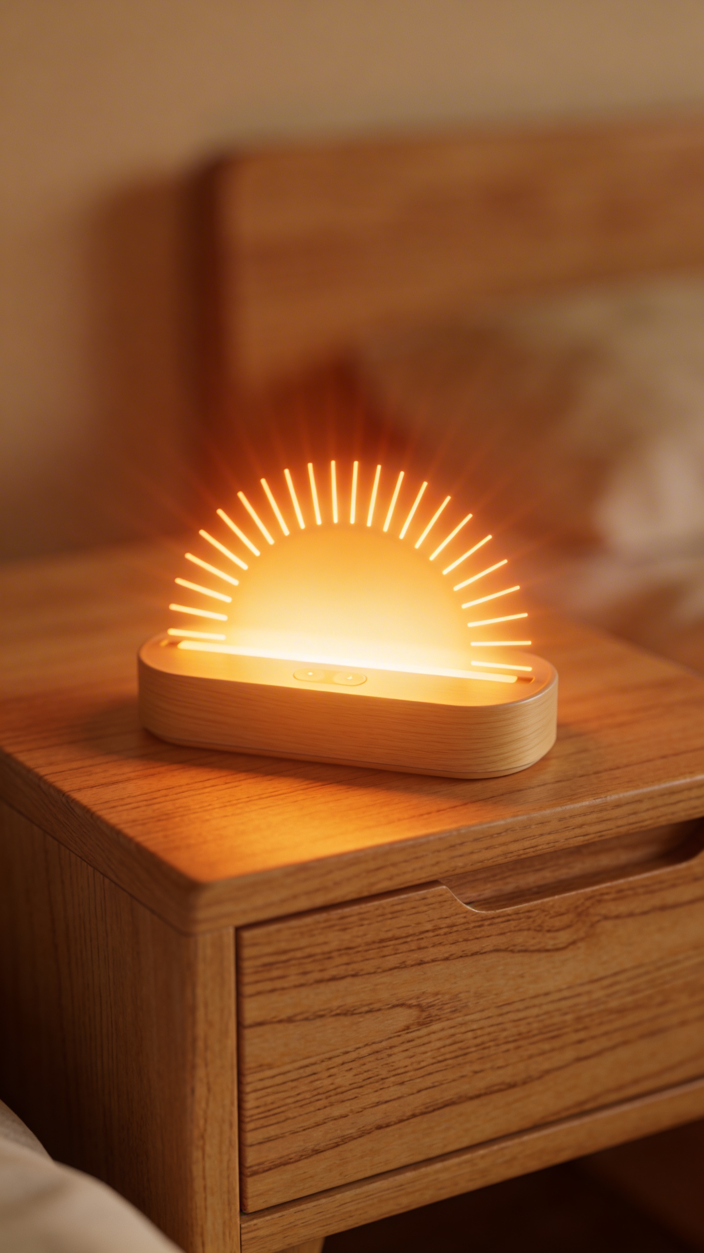 sunrise alarm clock with warm LEDs on wooden nightstand closeup