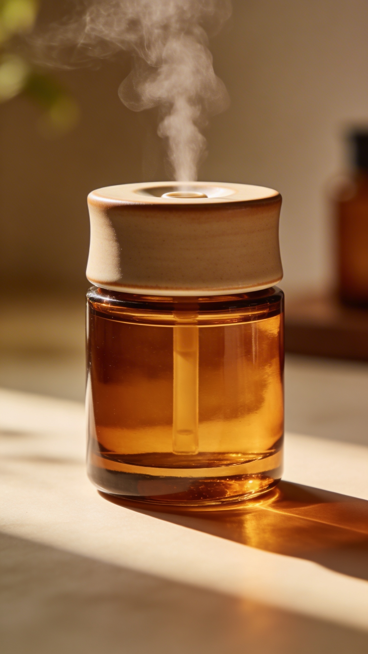 amber glass essential oil diffuser emitting mist, matte ceramic finish