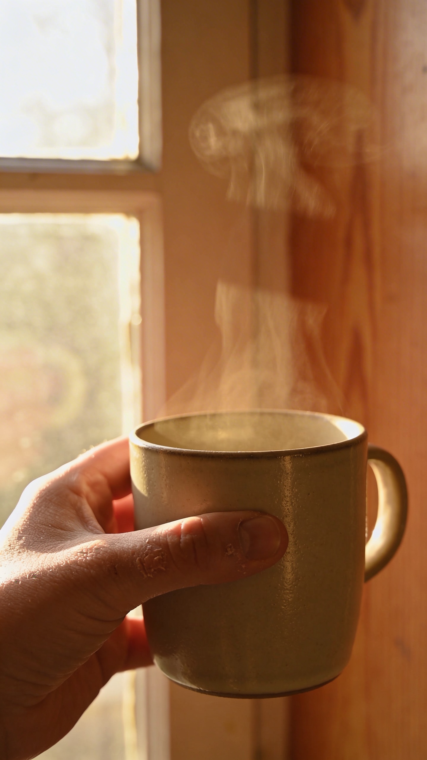 single mom’s hand holding a warm mug by a sunny window